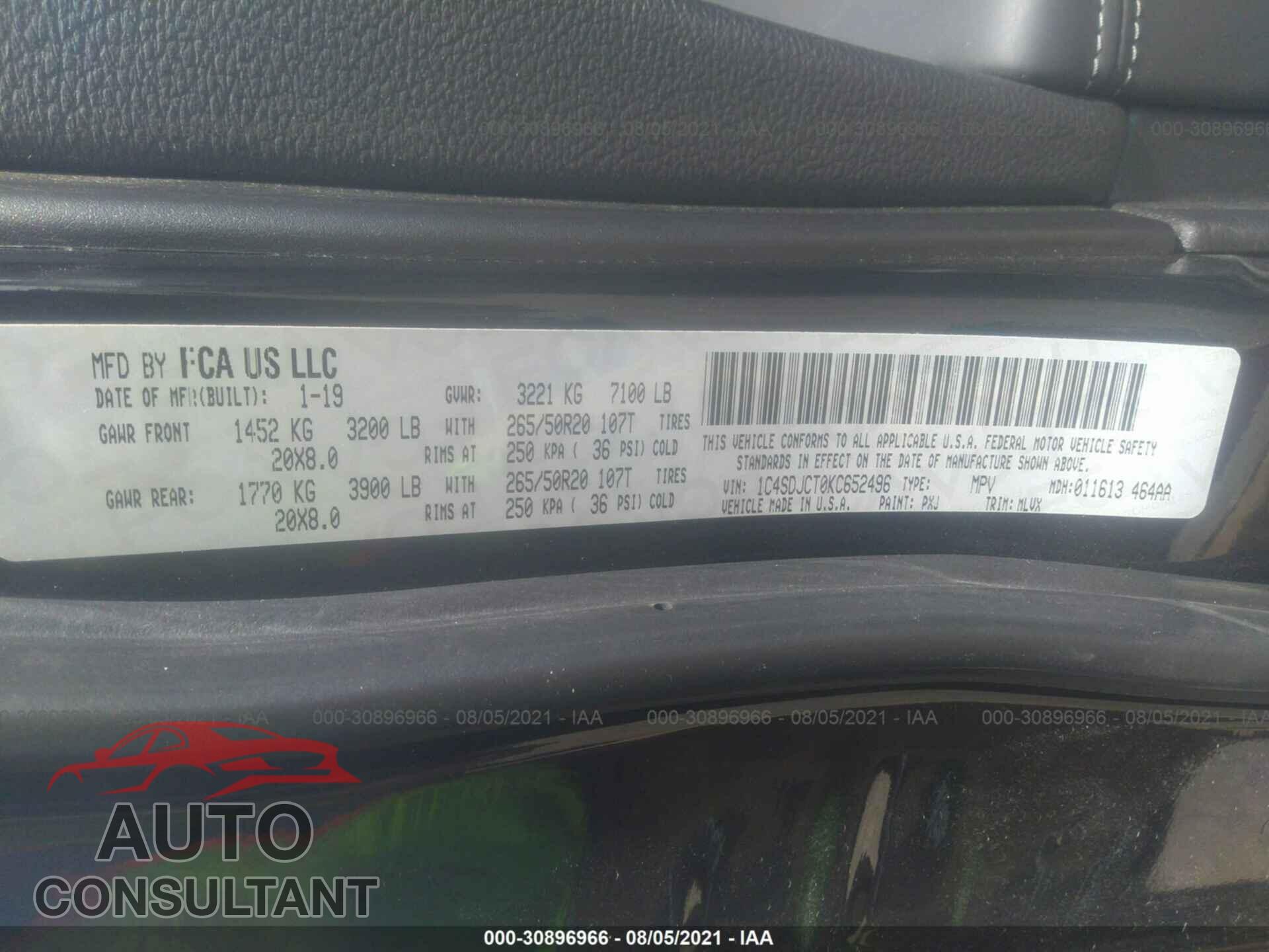 DODGE DURANGO 2019 - 1C4SDJCT0KC652496