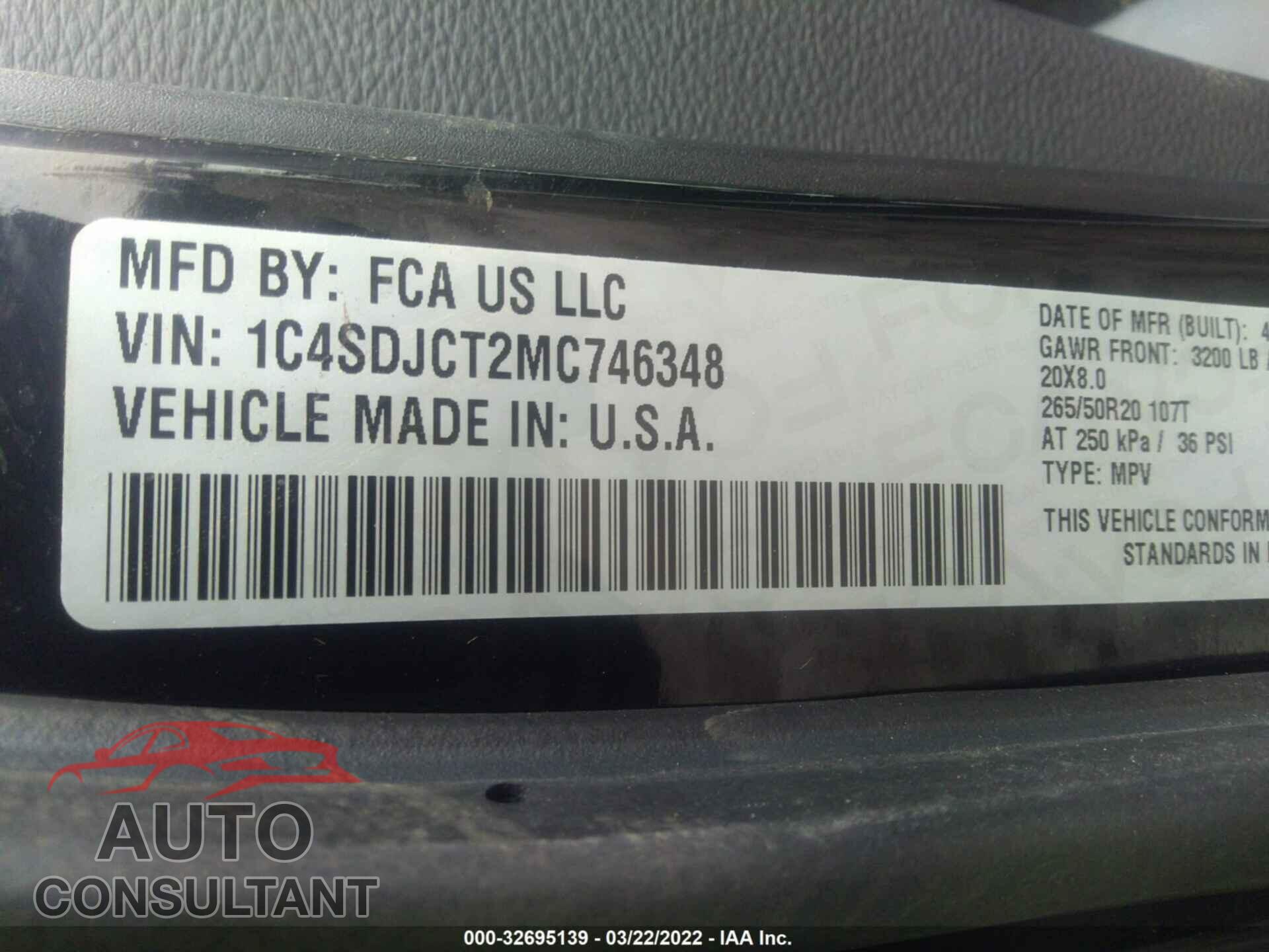 DODGE DURANGO 2021 - 1C4SDJCT2MC746348