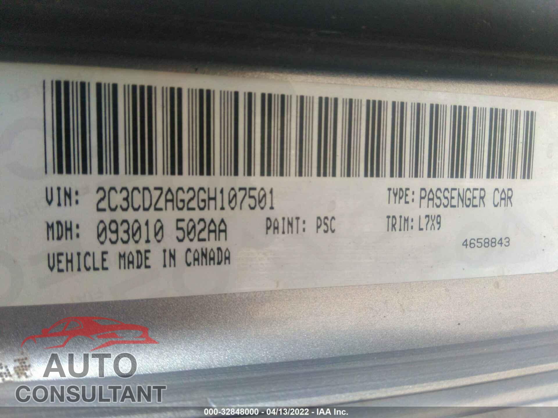 DODGE CHALLENGER 2016 - 2C3CDZAG2GH107501