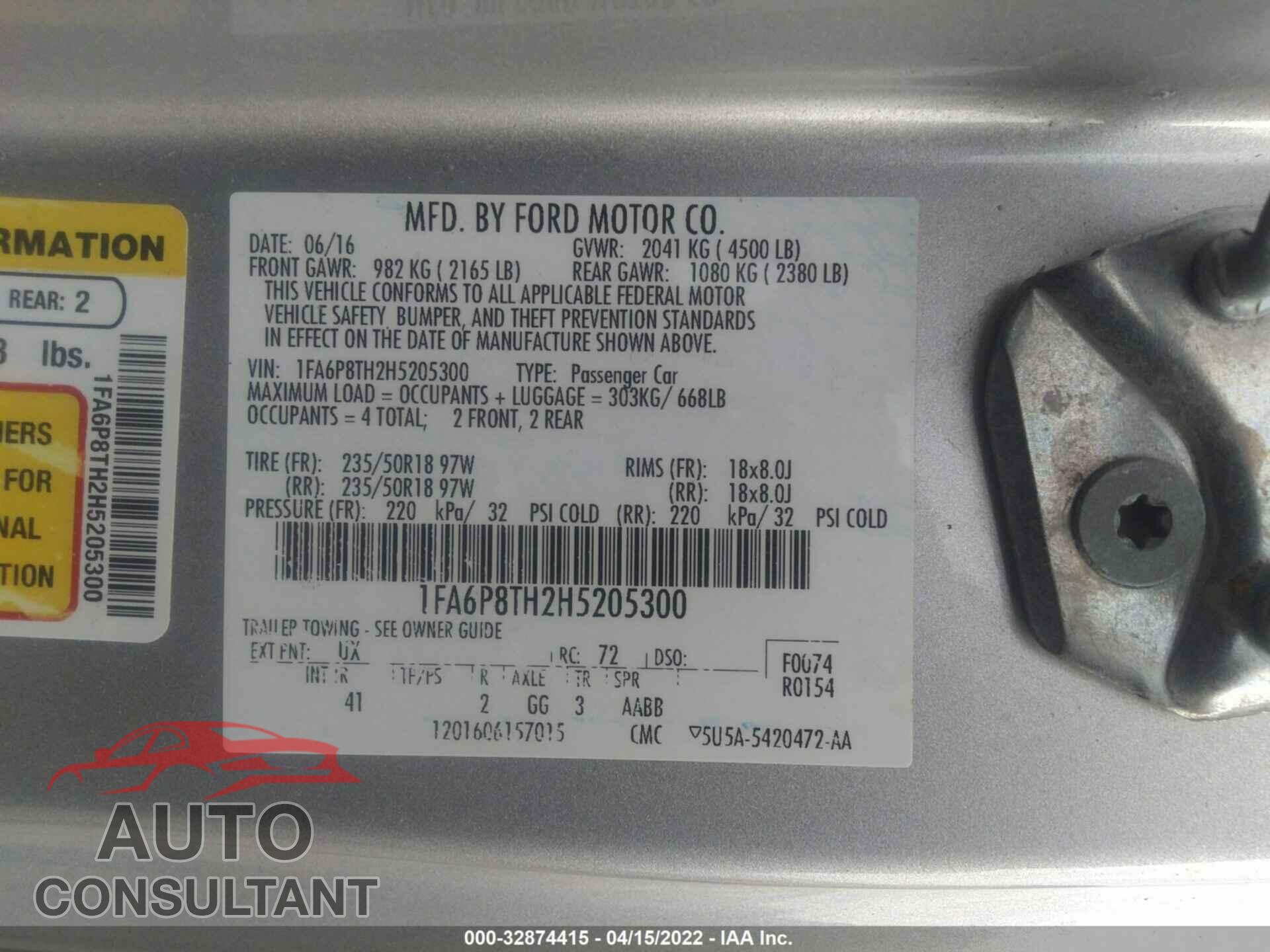 FORD MUSTANG 2017 - 1FA6P8TH2H5205300