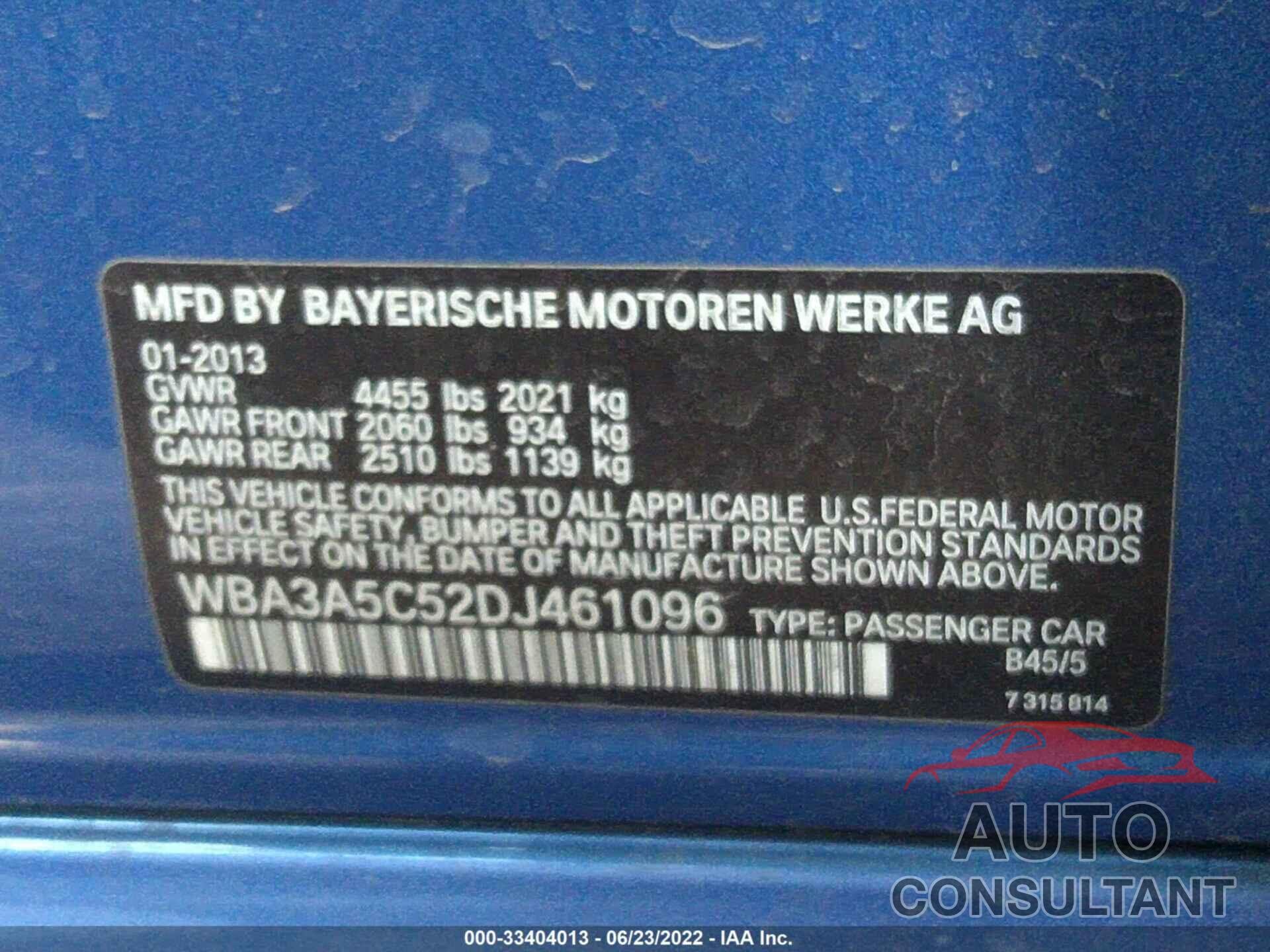 BMW 3 SERIES 2013 - WBA3A5C52DJ461096