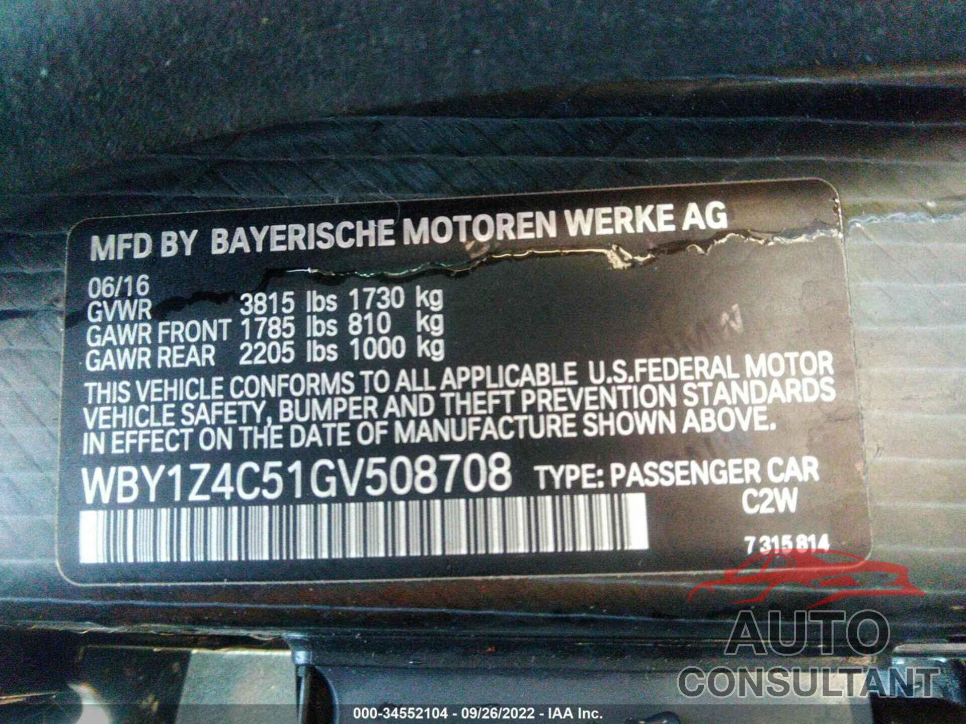 BMW I3 2016 - WBY1Z4C51GV508708