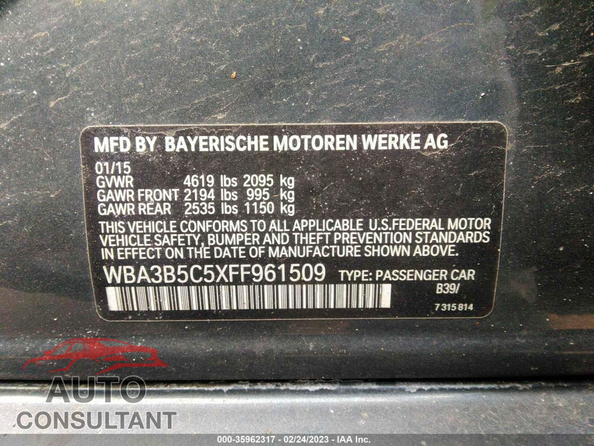 BMW 3 SERIES 2015 - WBA3B5C5XFF961509