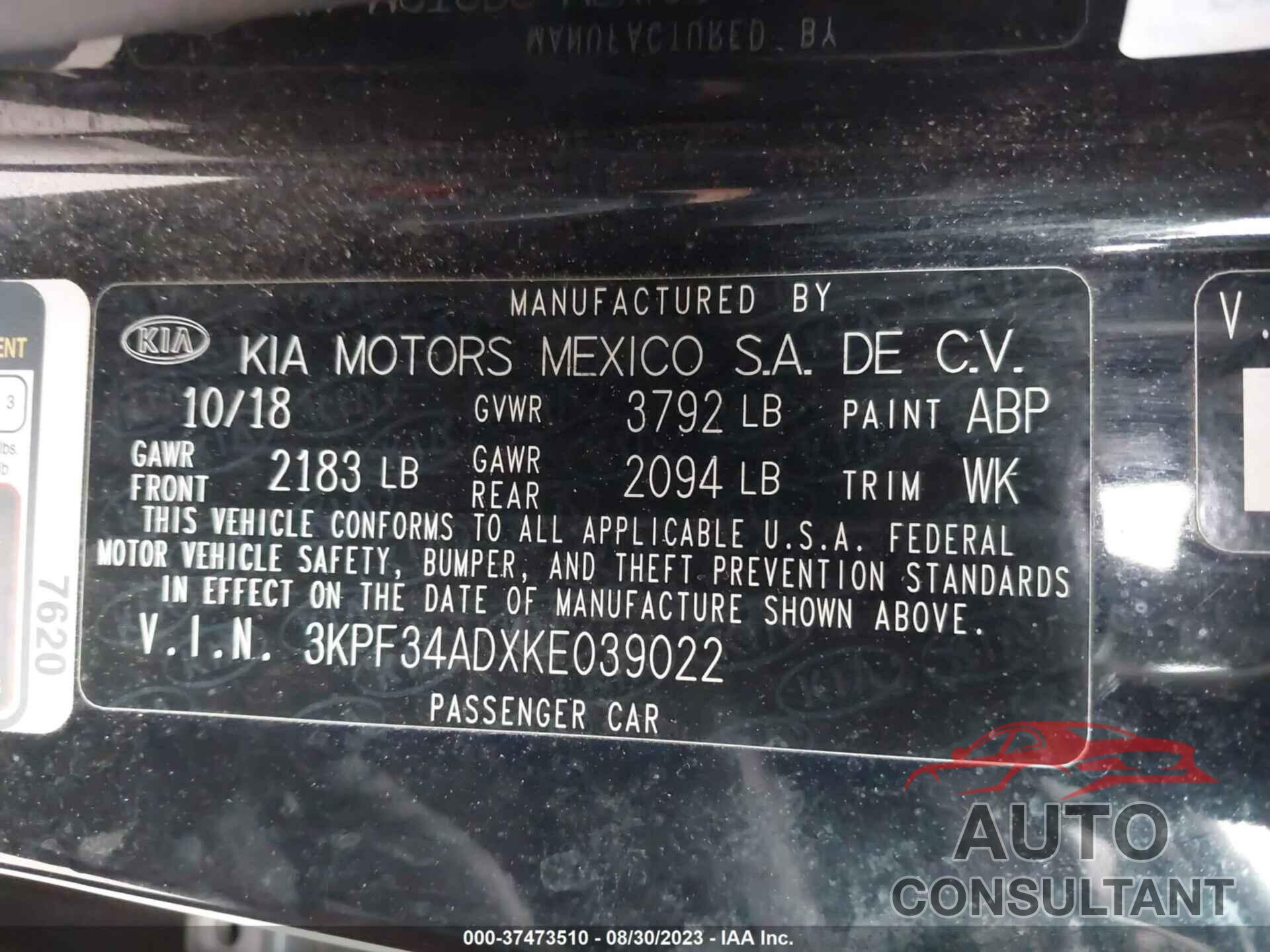 KIA FORTE 2019 - 3KPF34ADXKE039022