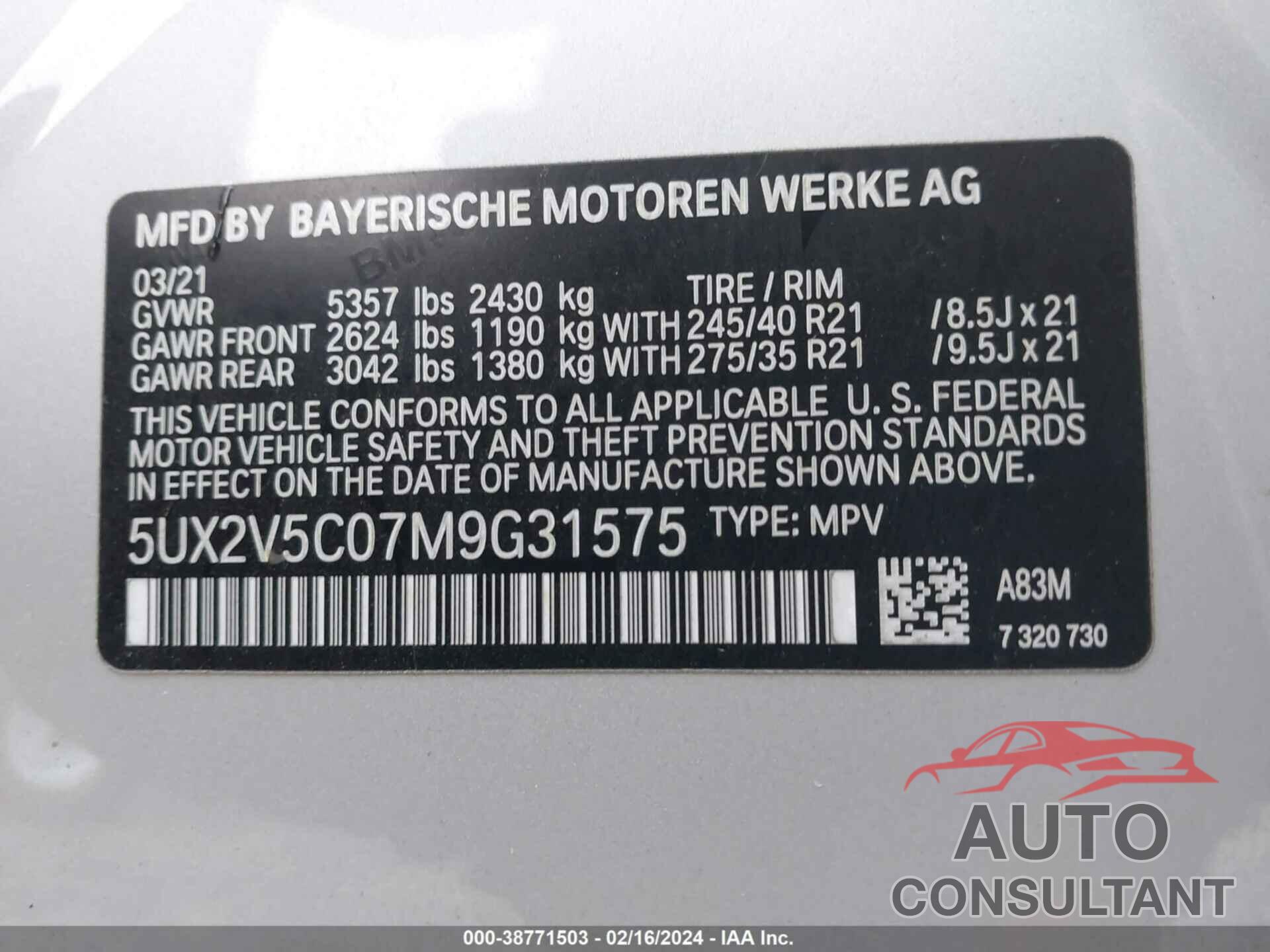 BMW X4 2021 - 5UX2V5C07M9G31575