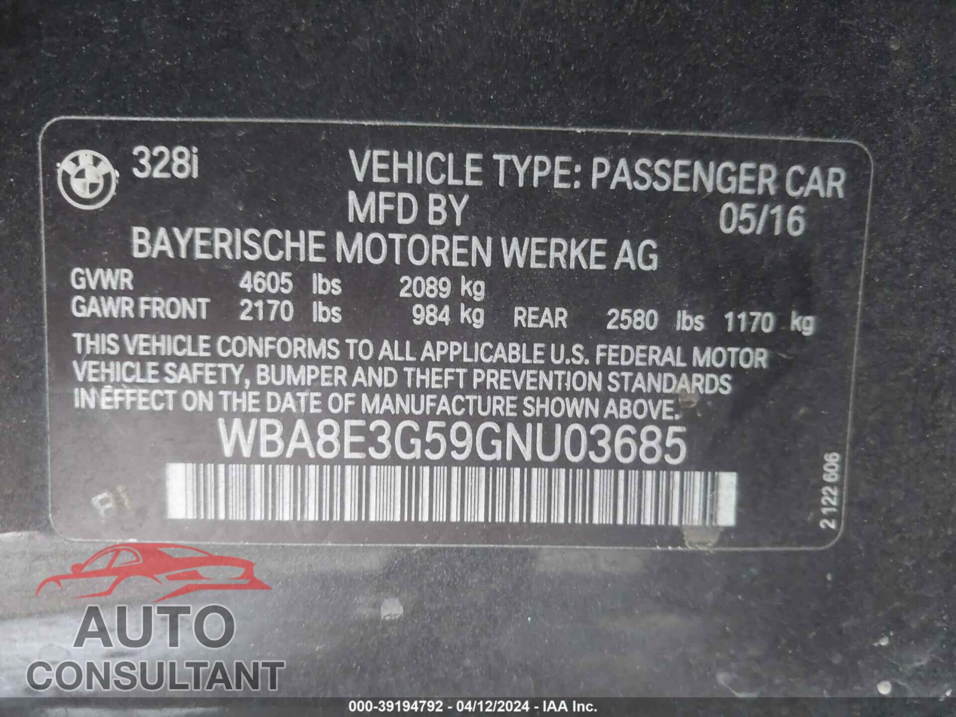BMW 328I 2016 - WBA8E3G59GNU03685