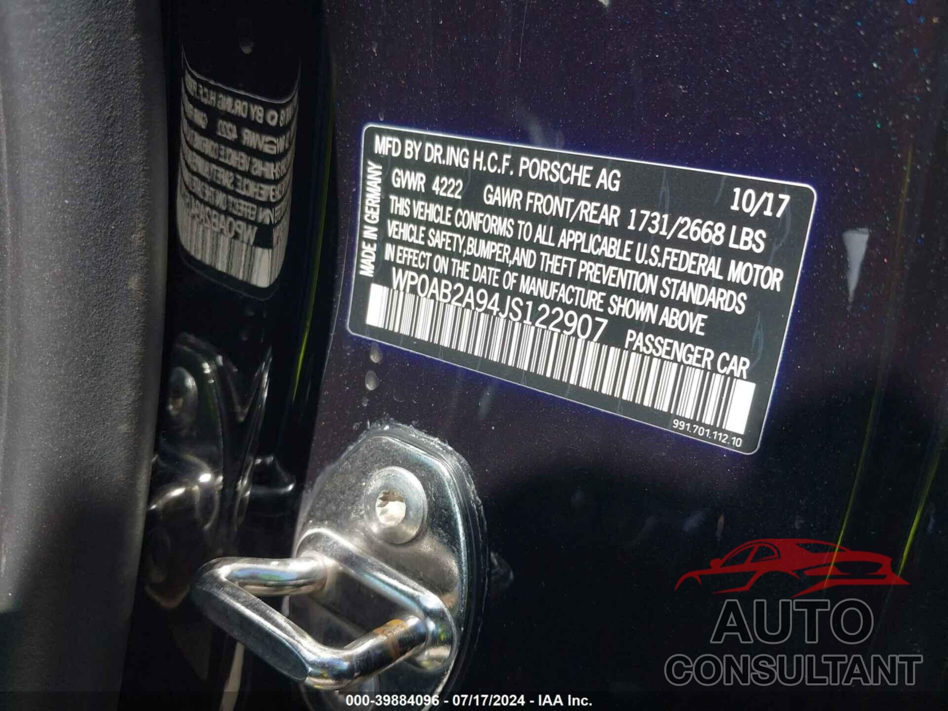 PORSCHE 911 2018 - WP0AB2A94JS122907