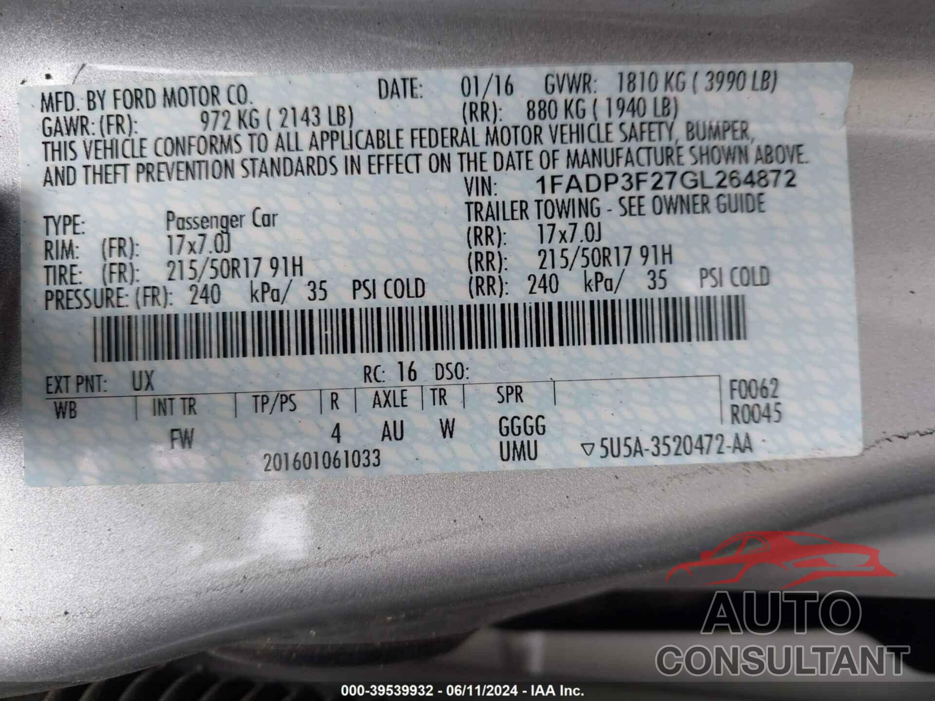 FORD FOCUS 2016 - 1FADP3F27GL264872