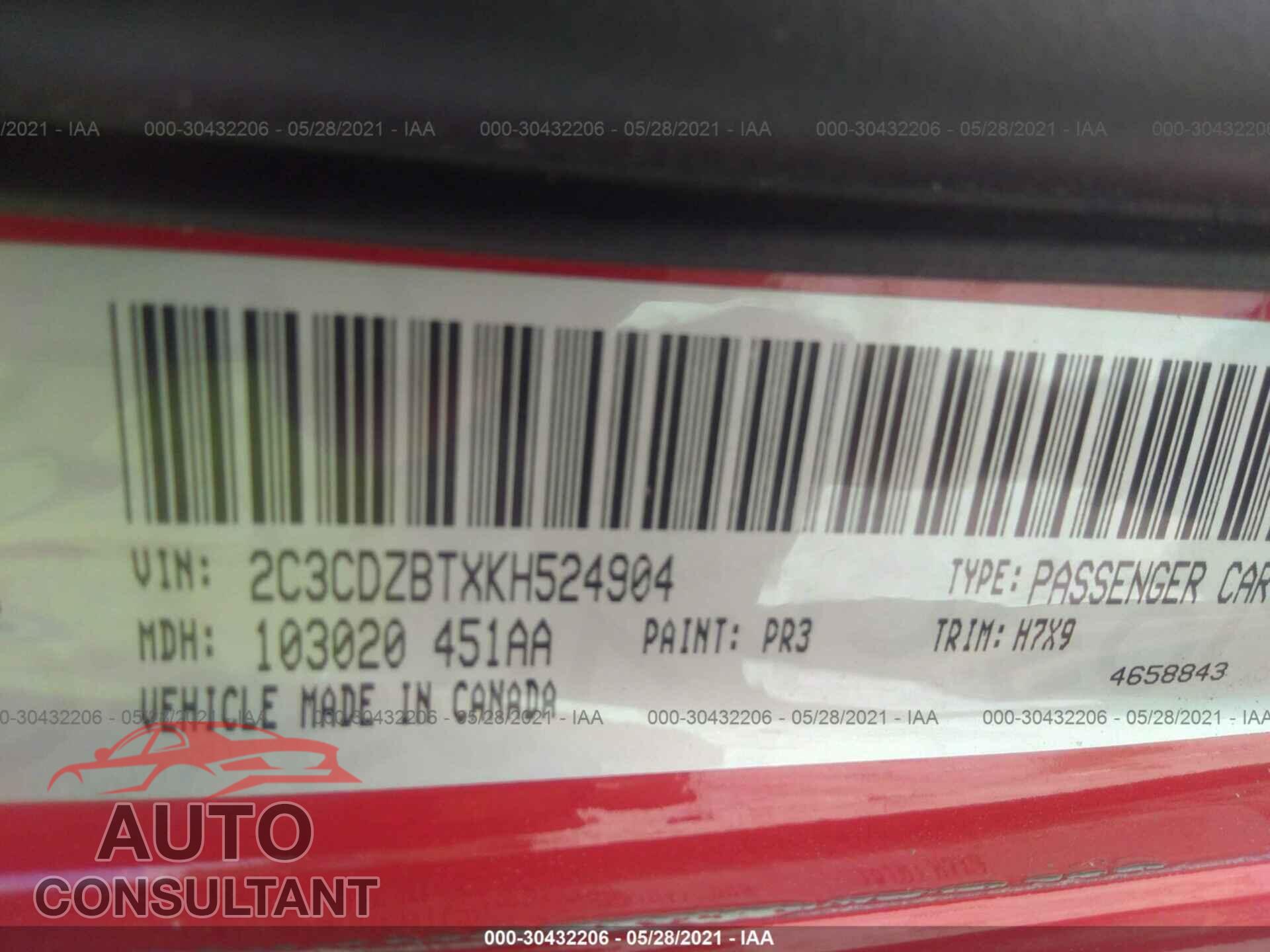 DODGE CHALLENGER 2019 - 2C3CDZBTXKH524904