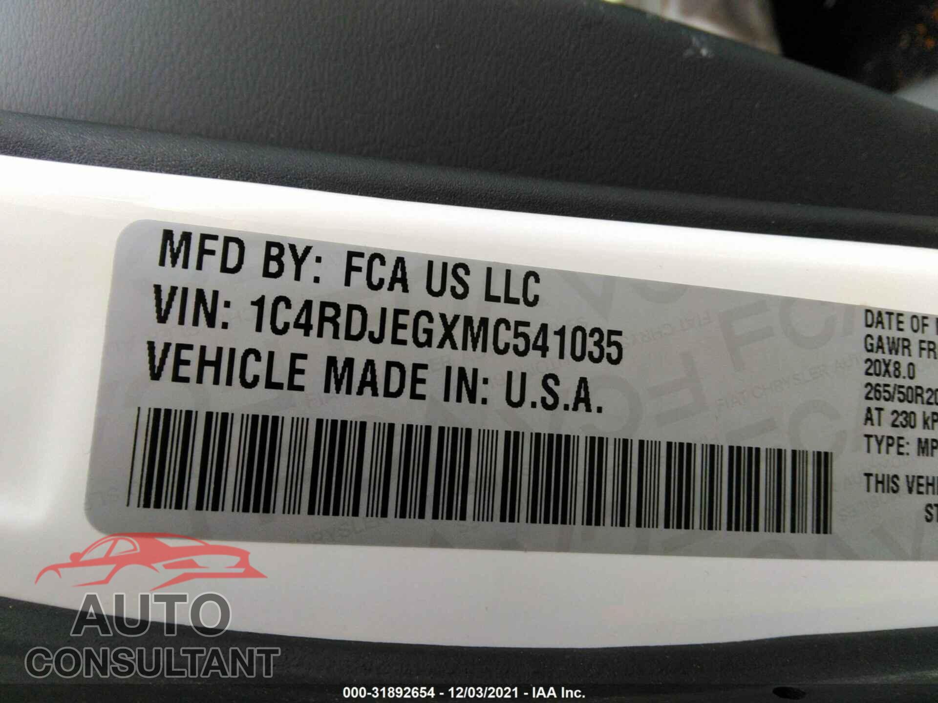 DODGE DURANGO 2021 - 1C4RDJEGXMC541035
