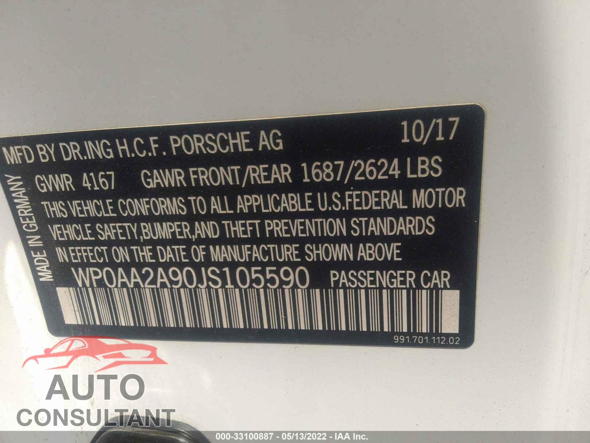 PORSCHE 911 2018 - WP0AA2A90JS105590