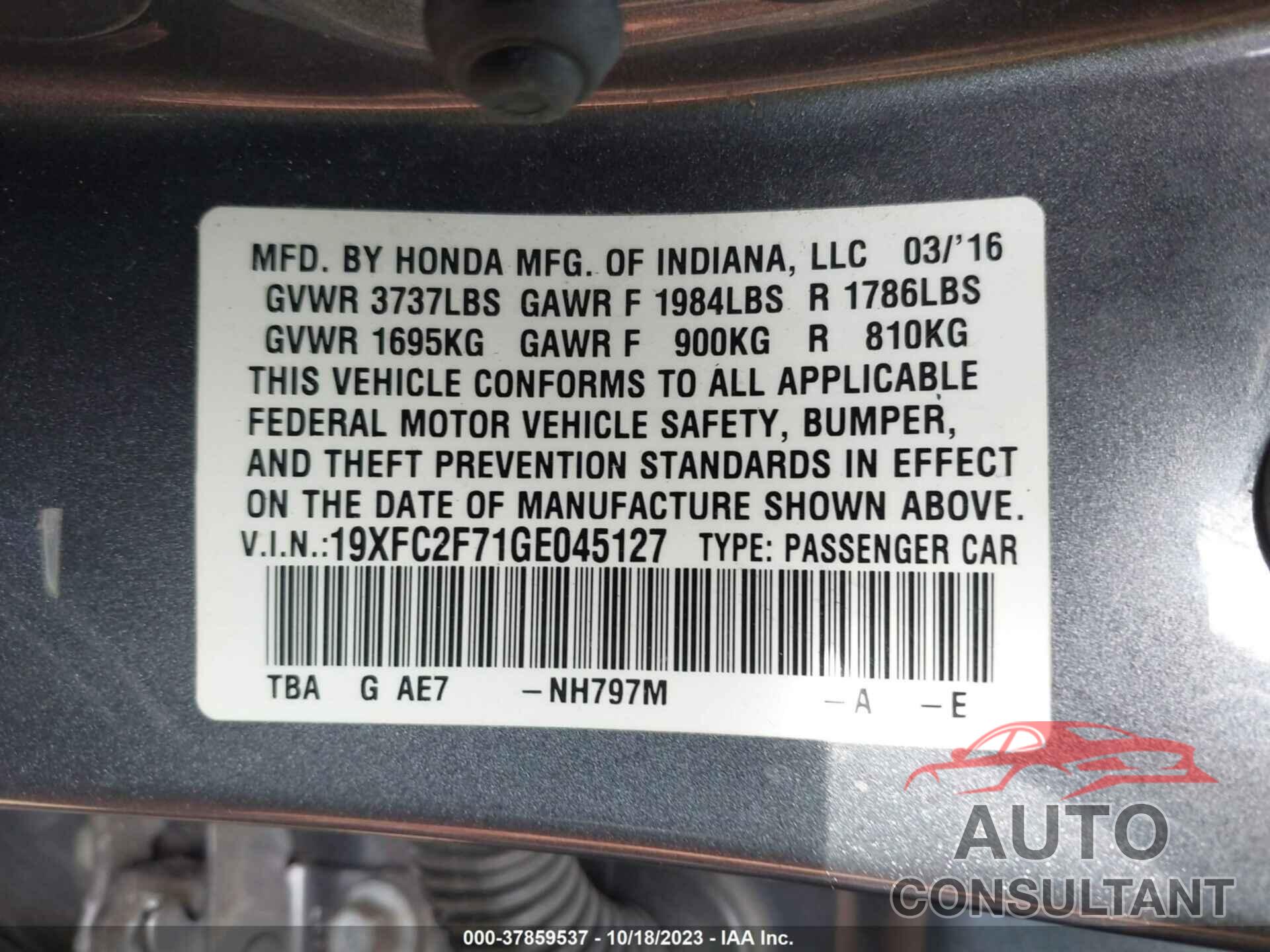 HONDA CIVIC 2016 - 19XFC2F71GE045127