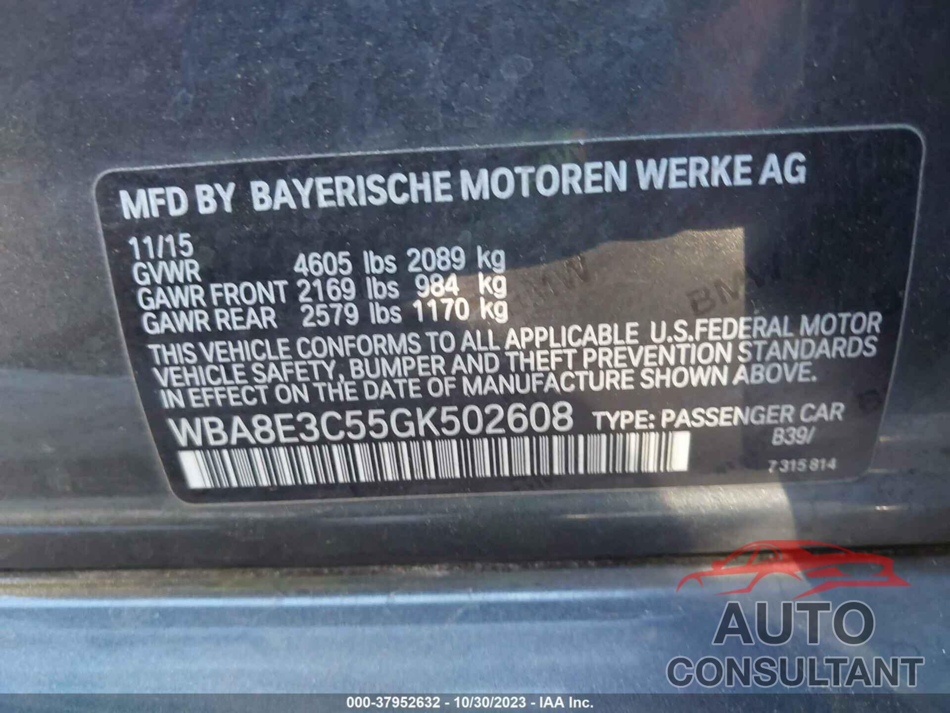 BMW 3 SERIES 2016 - WBA8E3C55GK502608