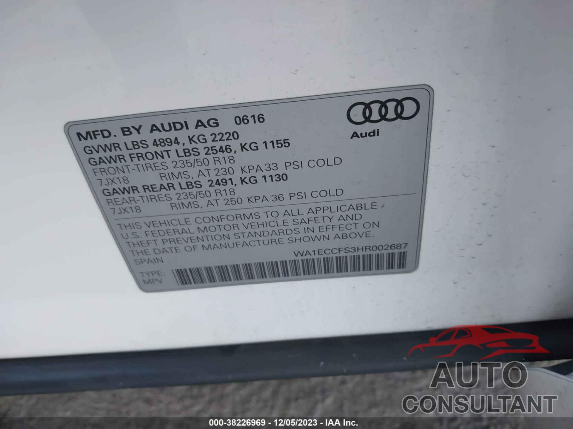 AUDI Q3 2017 - WA1ECCFS3HR002687