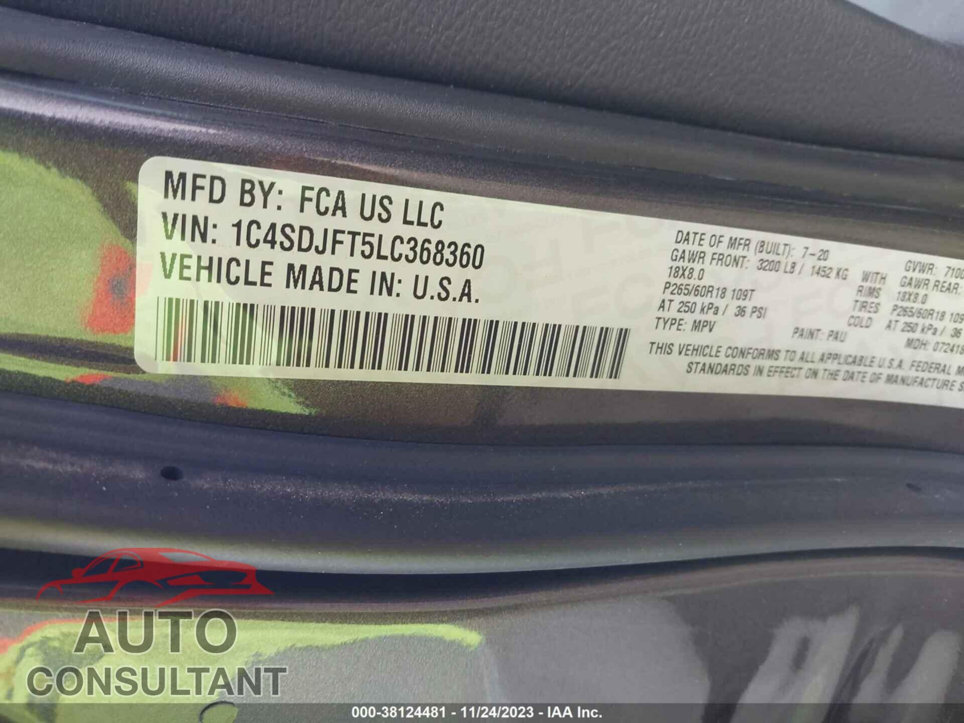 DODGE DURANGO 2020 - 1C4SDJFT5LC368360