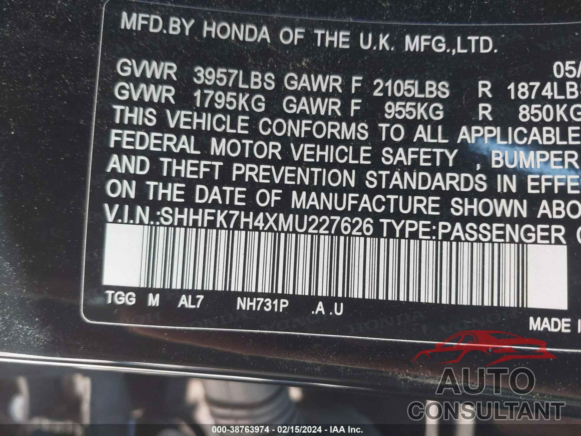 HONDA CIVIC 2021 - SHHFK7H4XMU227626