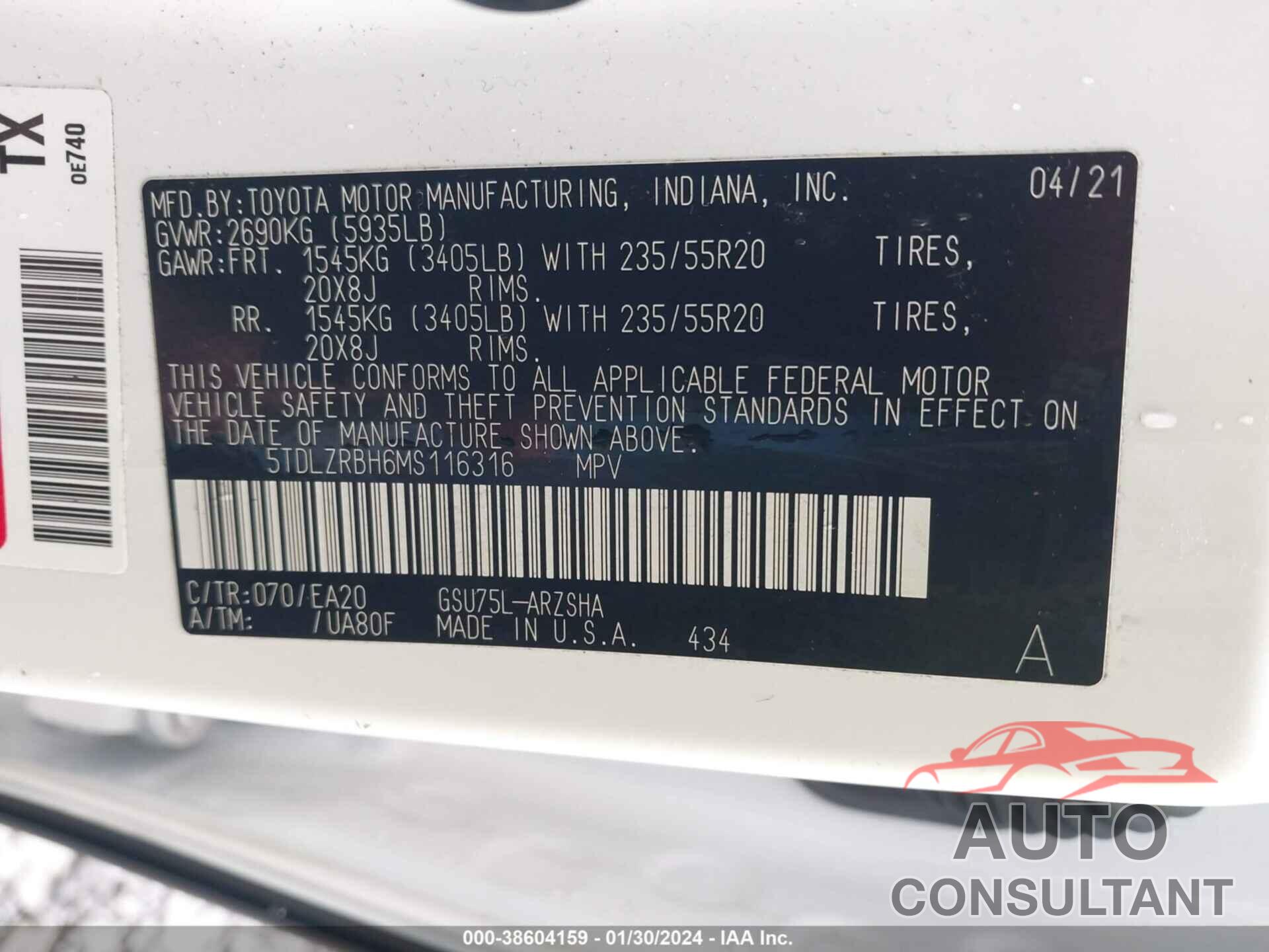 TOYOTA HIGHLANDER 2021 - 5TDLZRBH6MS116316