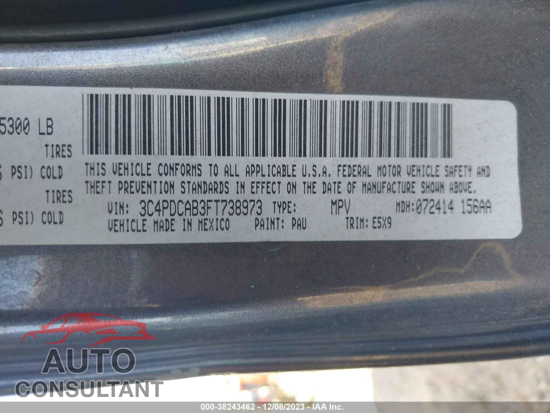 DODGE JOURNEY 2015 - 3C4PDCAB3FT738973