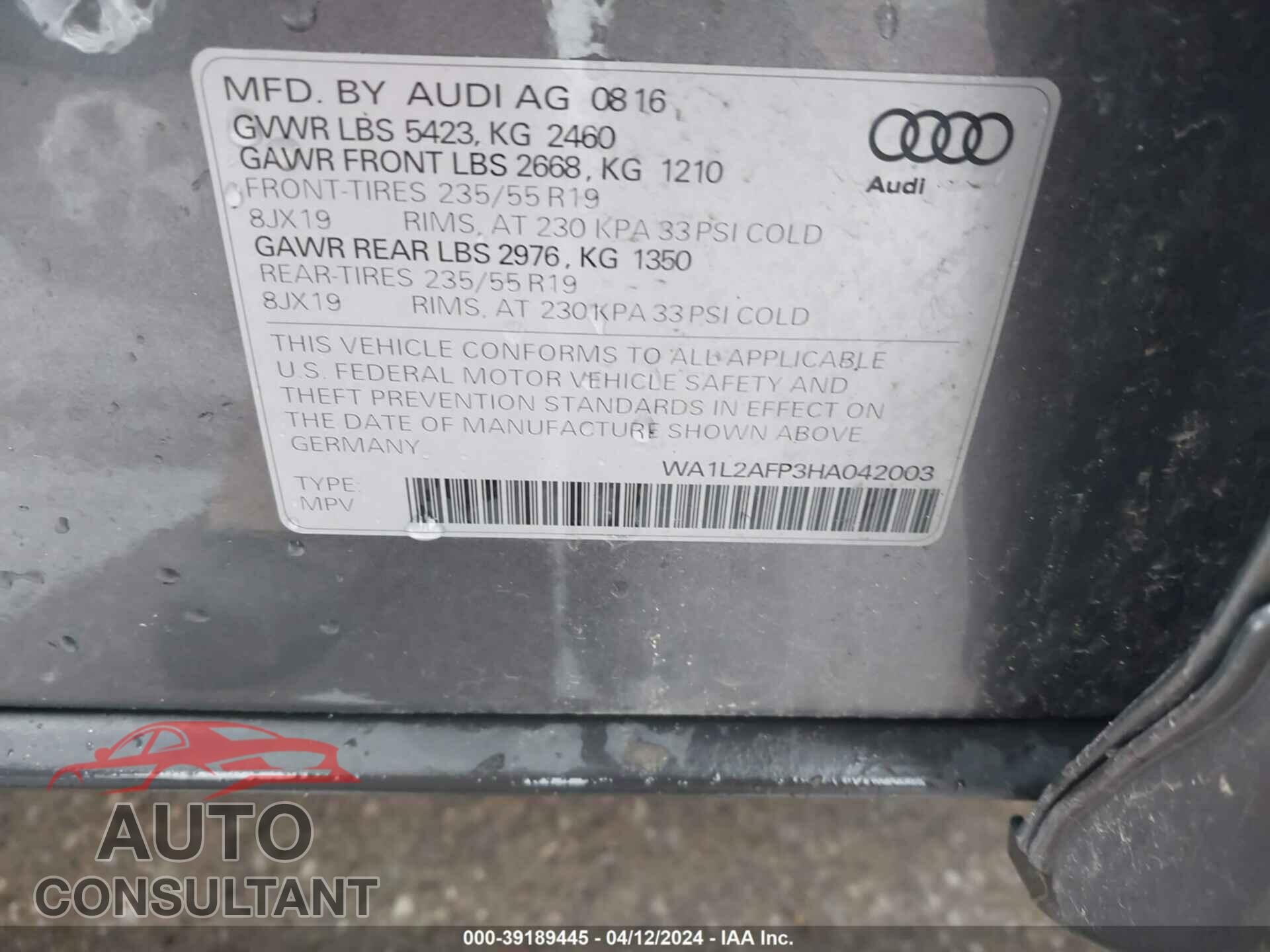 AUDI Q5 2017 - WA1L2AFP3HA042003