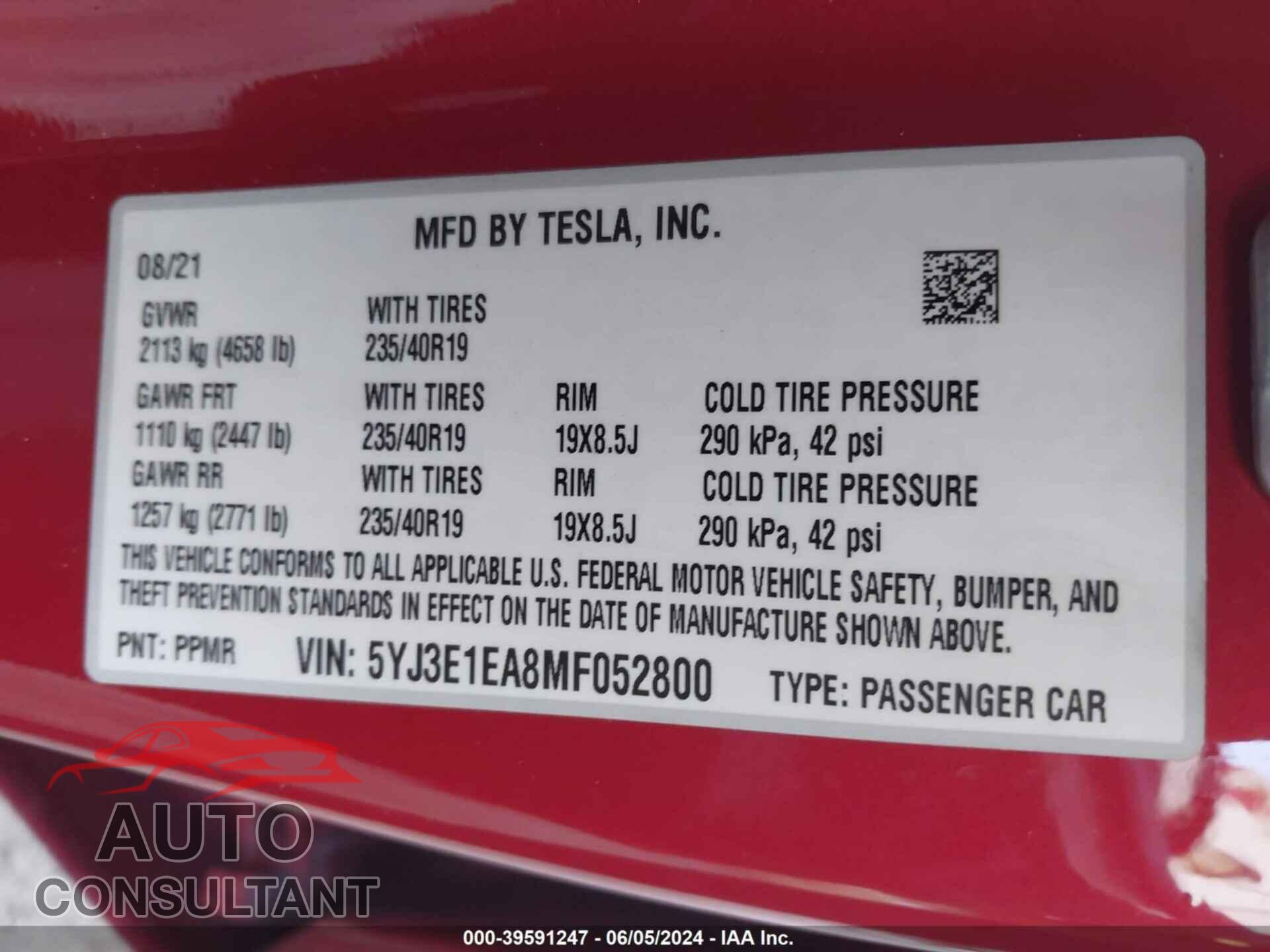 TESLA MODEL 3 2021 - 5YJ3E1EA8MF052800
