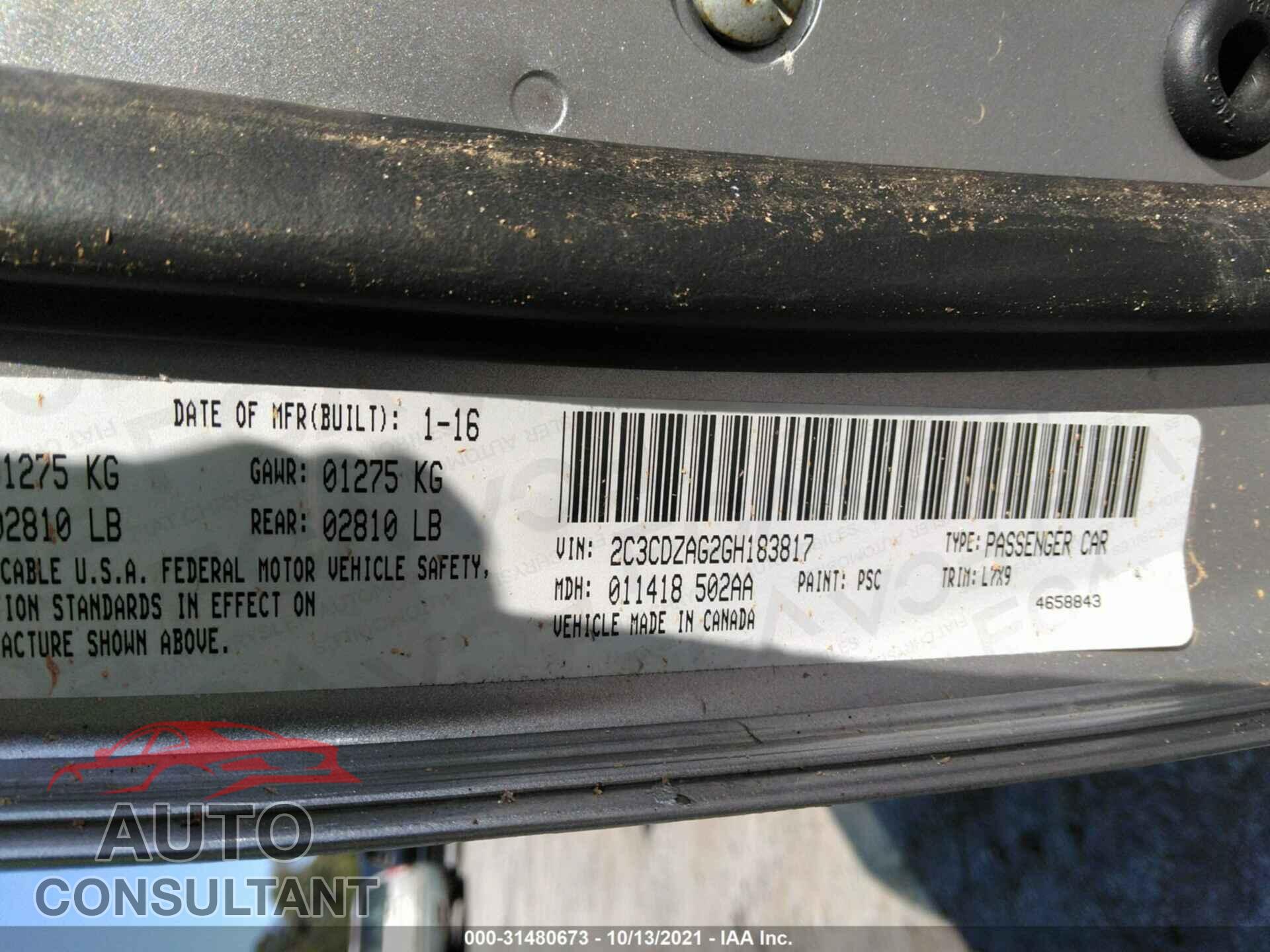 DODGE CHALLENGER 2016 - 2C3CDZAG2GH183817