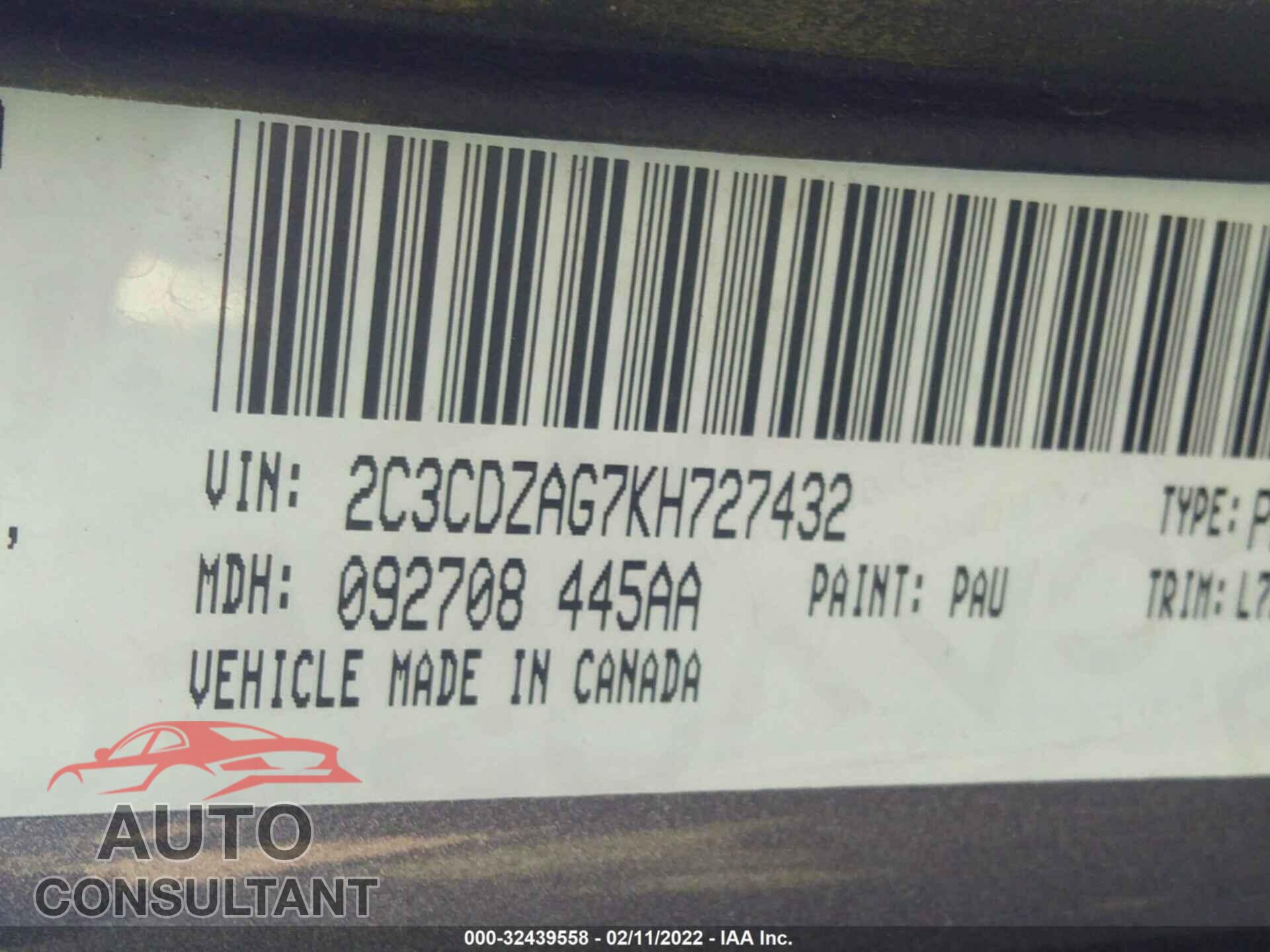 DODGE CHALLENGER 2019 - 2C3CDZAG7KH727432
