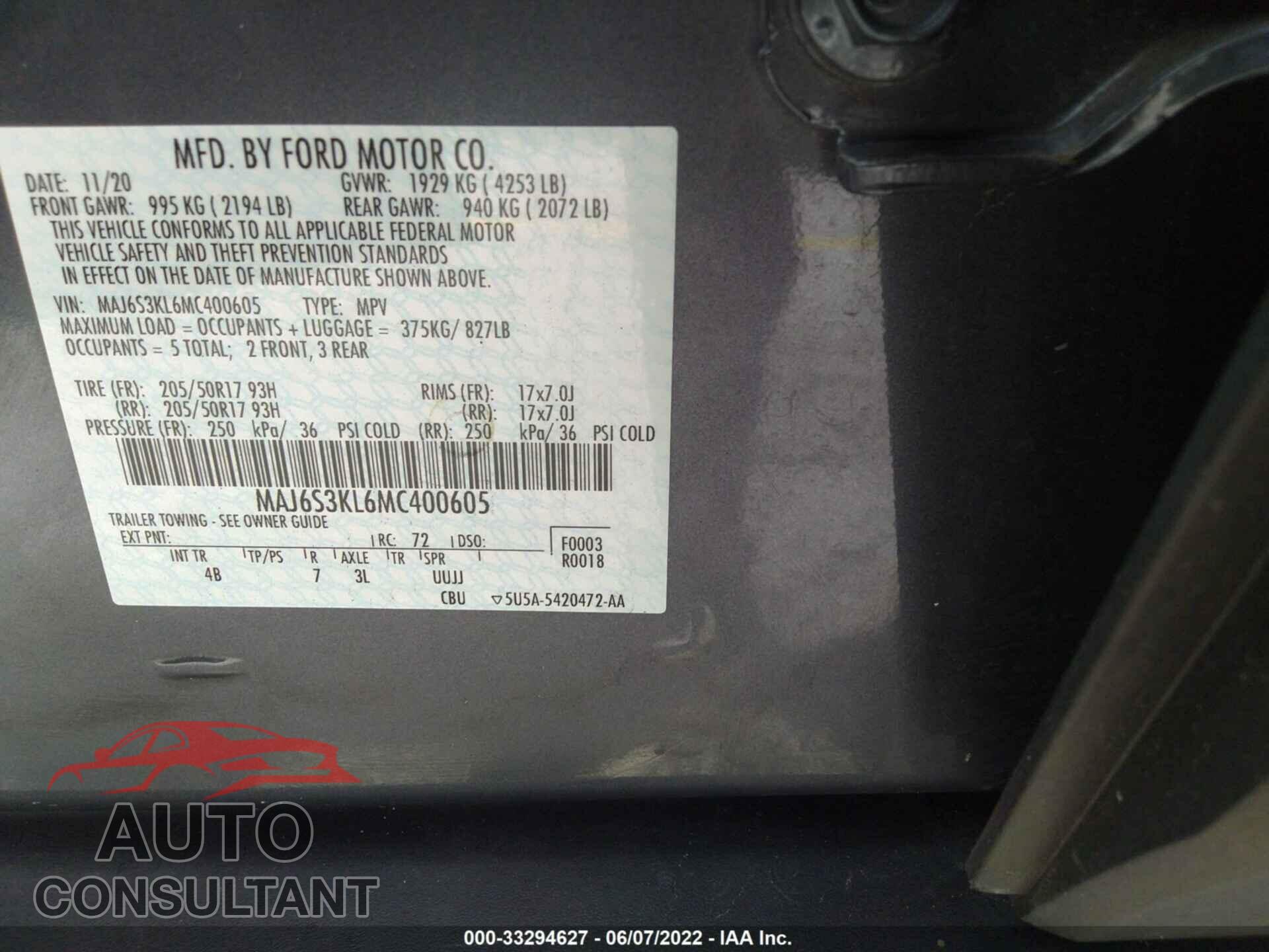 FORD ECOSPORT 2021 - MAJ6S3KL6MC400605