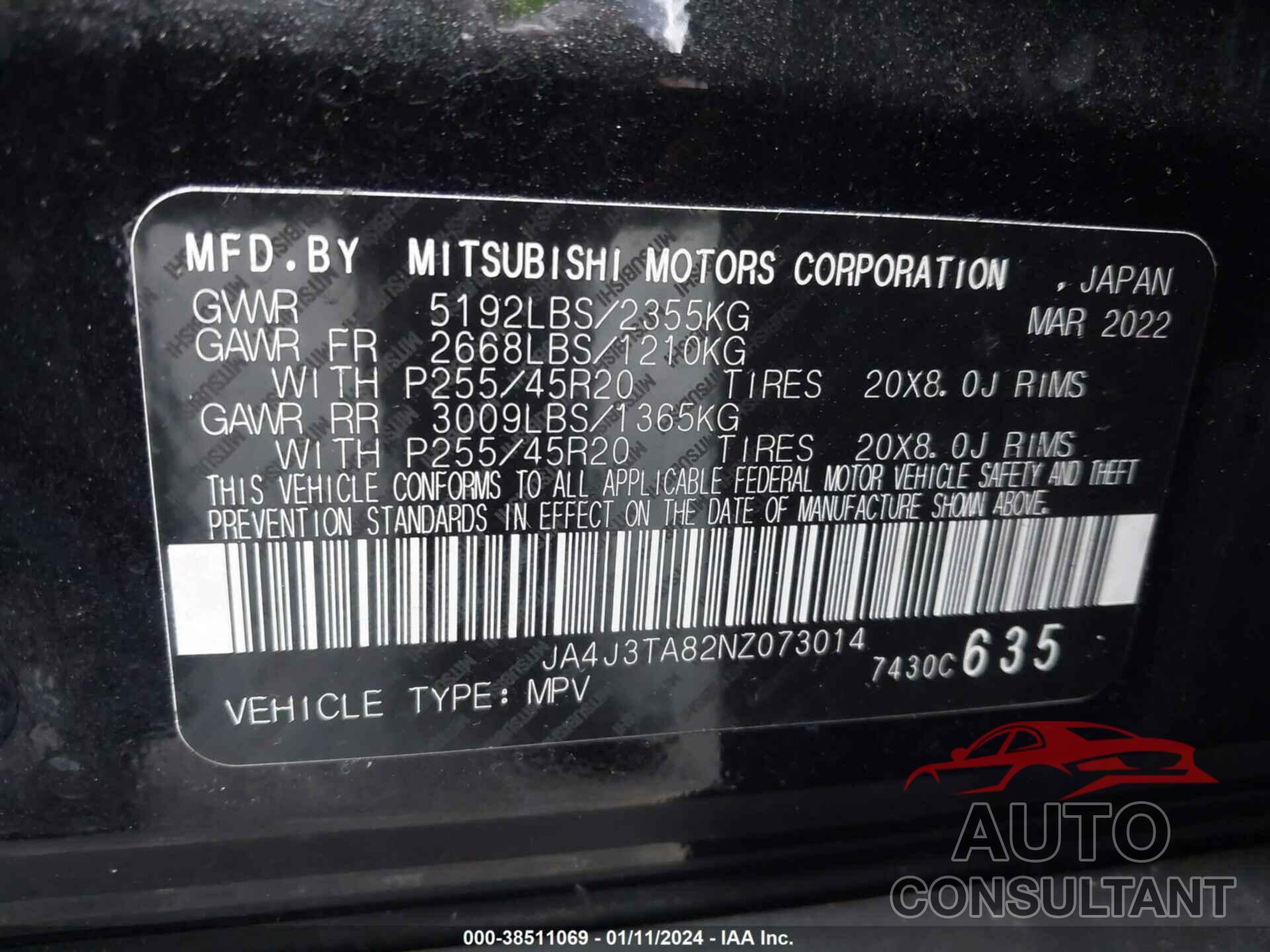 MITSUBISHI OUTLANDER 2022 - JA4J3TA82NZ073014