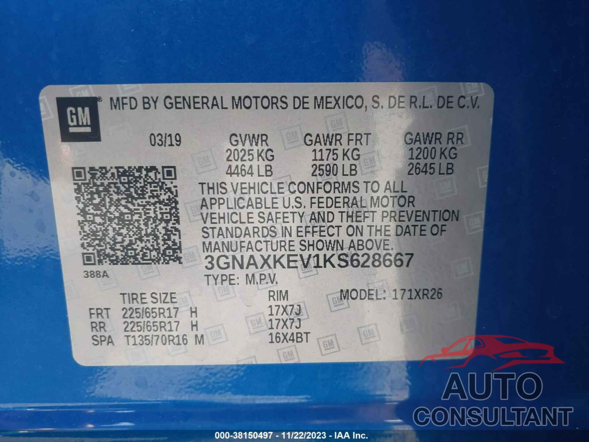 CHEVROLET EQUINOX 2019 - 3GNAXKEV1KS628667