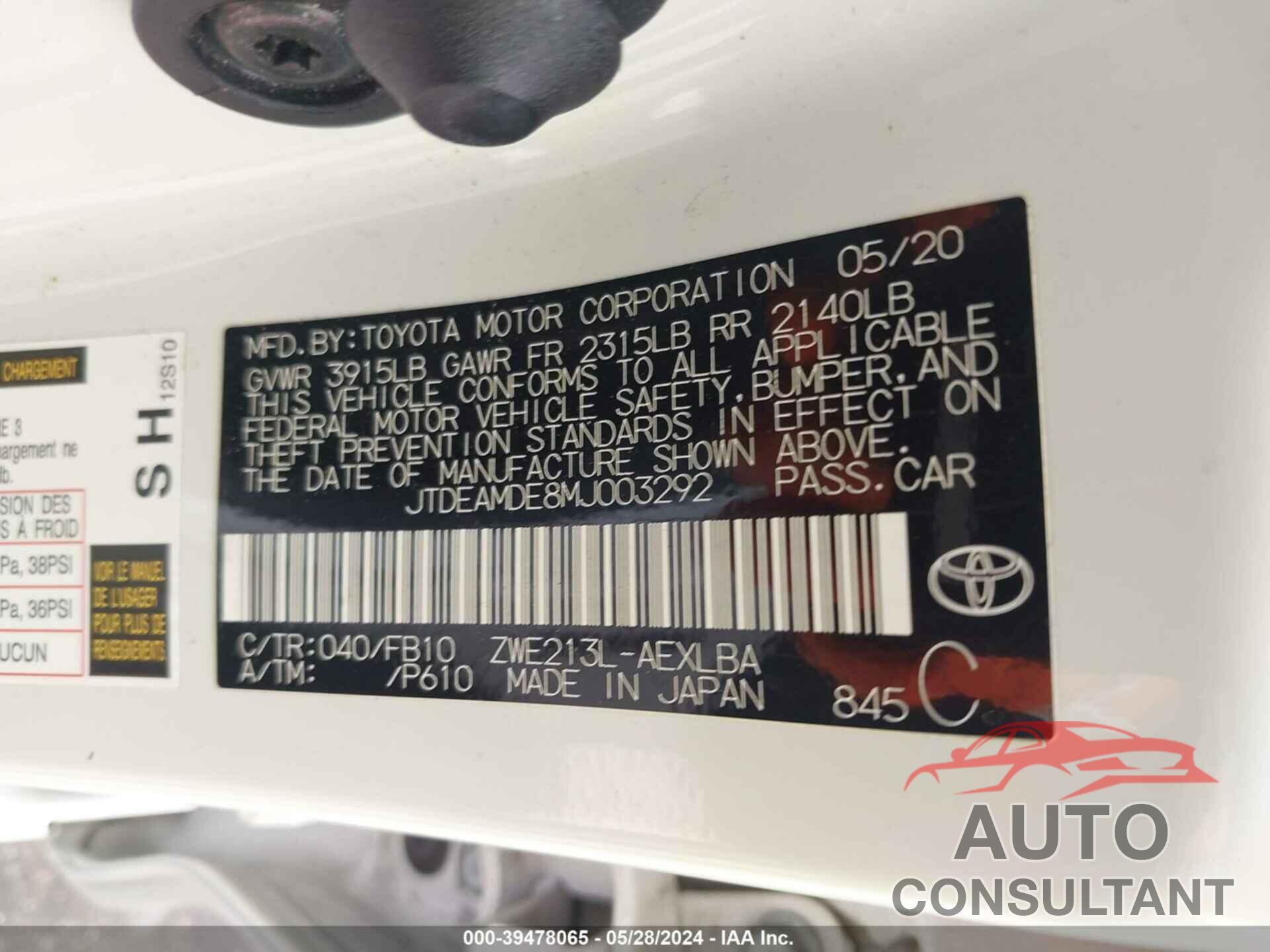 TOYOTA COROLLA 2021 - JTDEAMDE8MJ003292