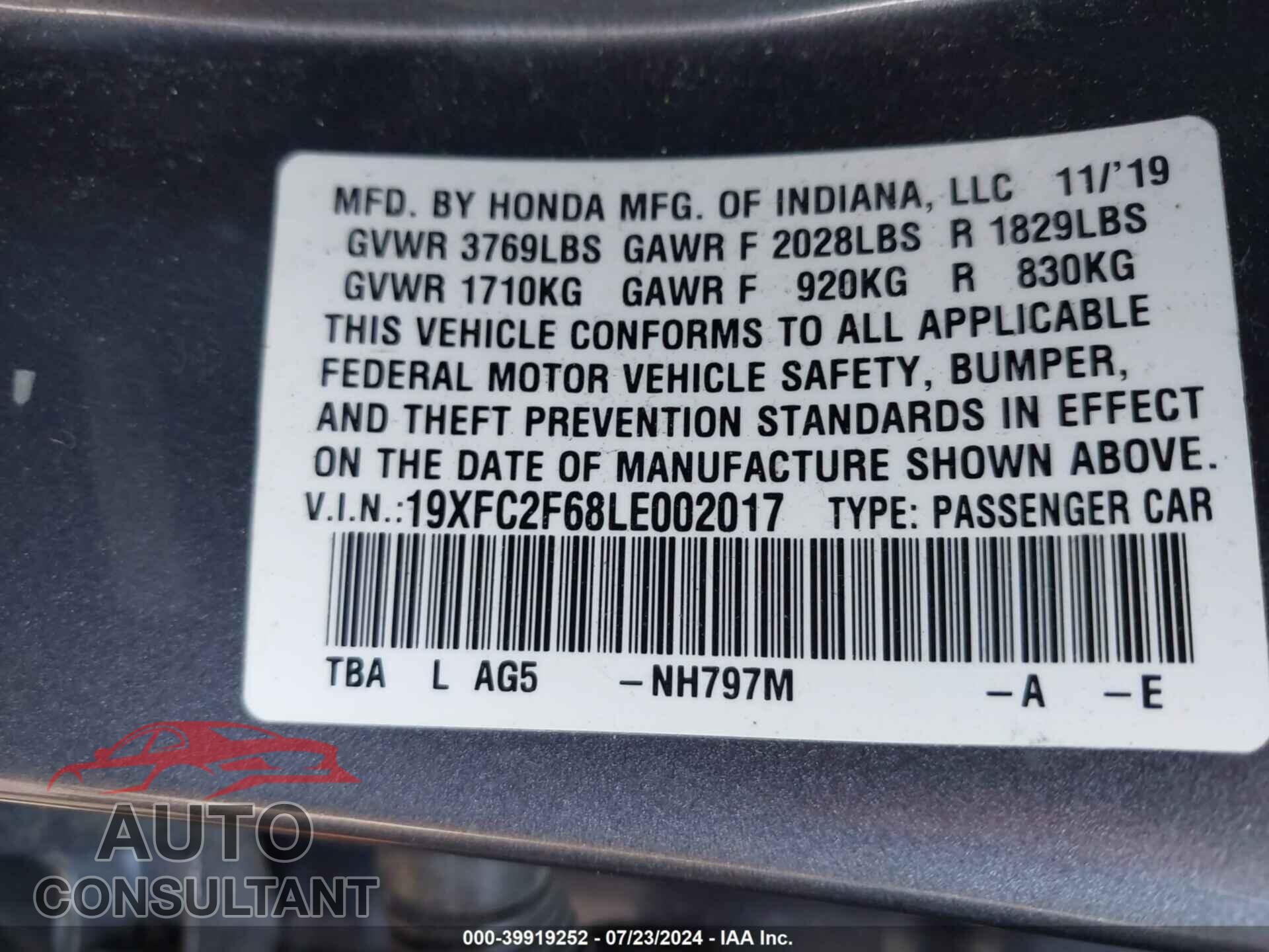 HONDA CIVIC 2020 - 19XFC2F68LE002017