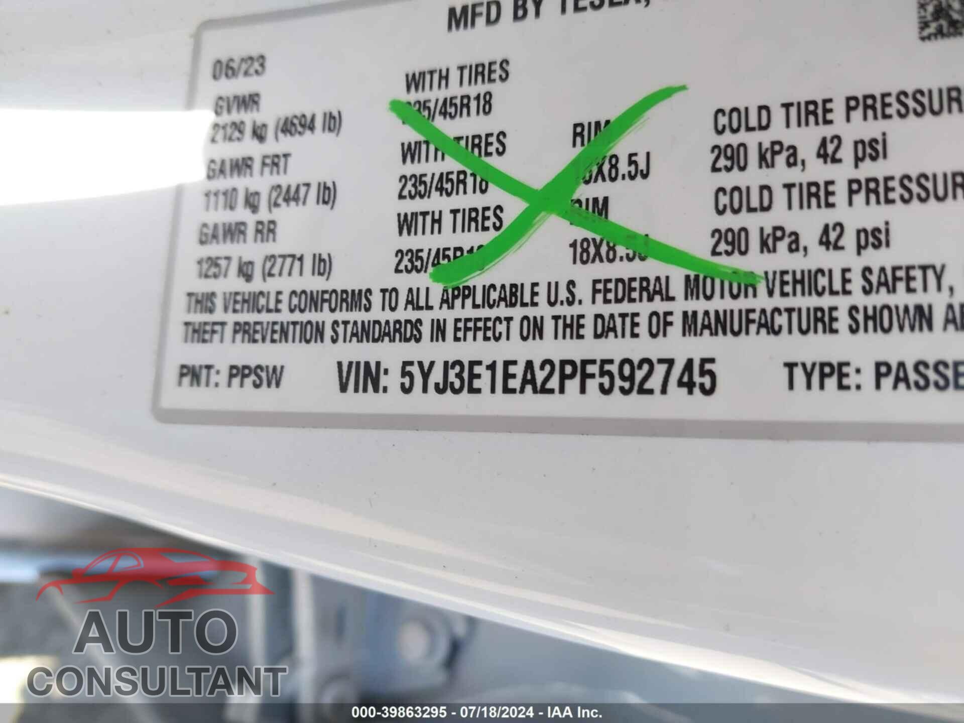 TESLA MODEL 3 2023 - 5YJ3E1EA2PF592745