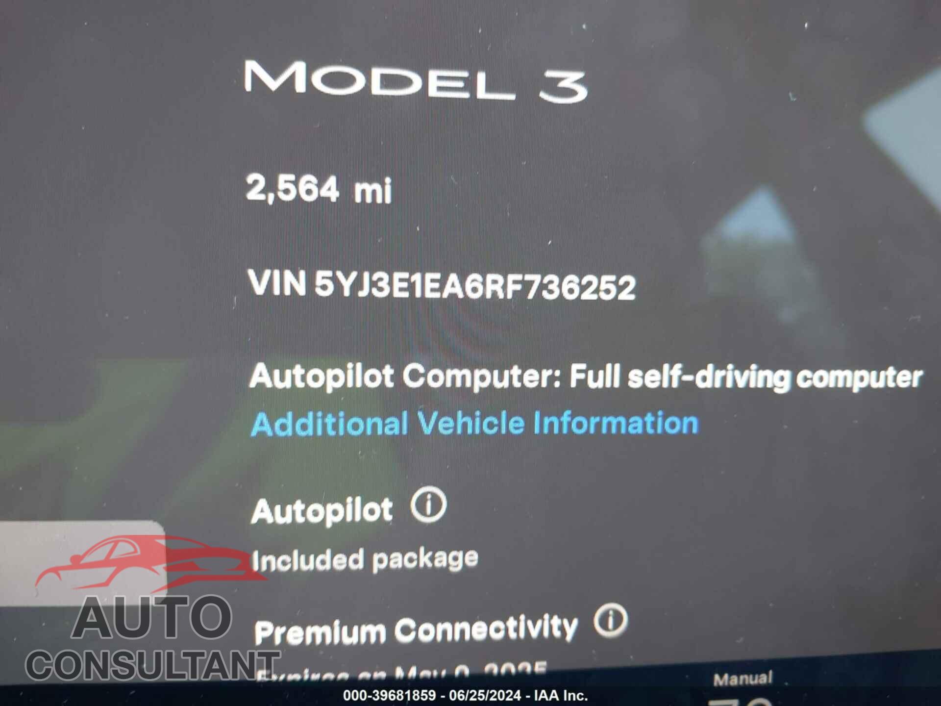 TESLA MODEL 3 2024 - 5YJ3E1EA6RF736252