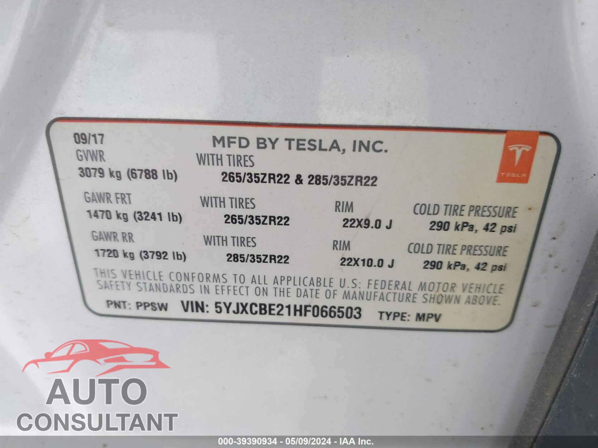 TESLA MODEL X 2017 - 5YJXCBE21HF066503
