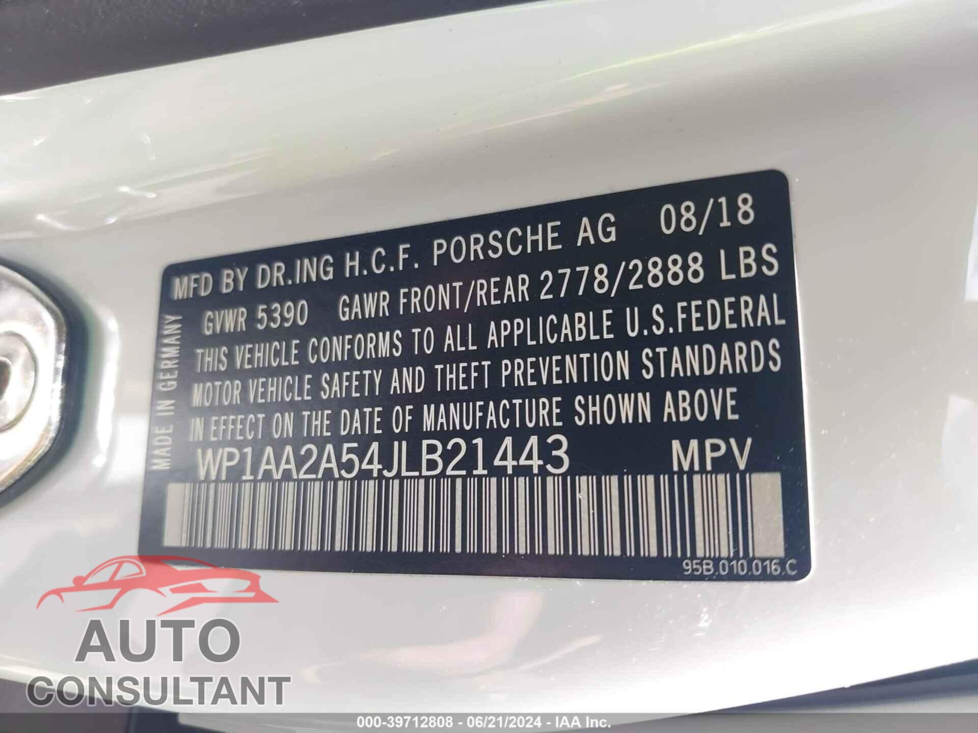PORSCHE MACAN 2018 - WP1AA2A54JLB21443