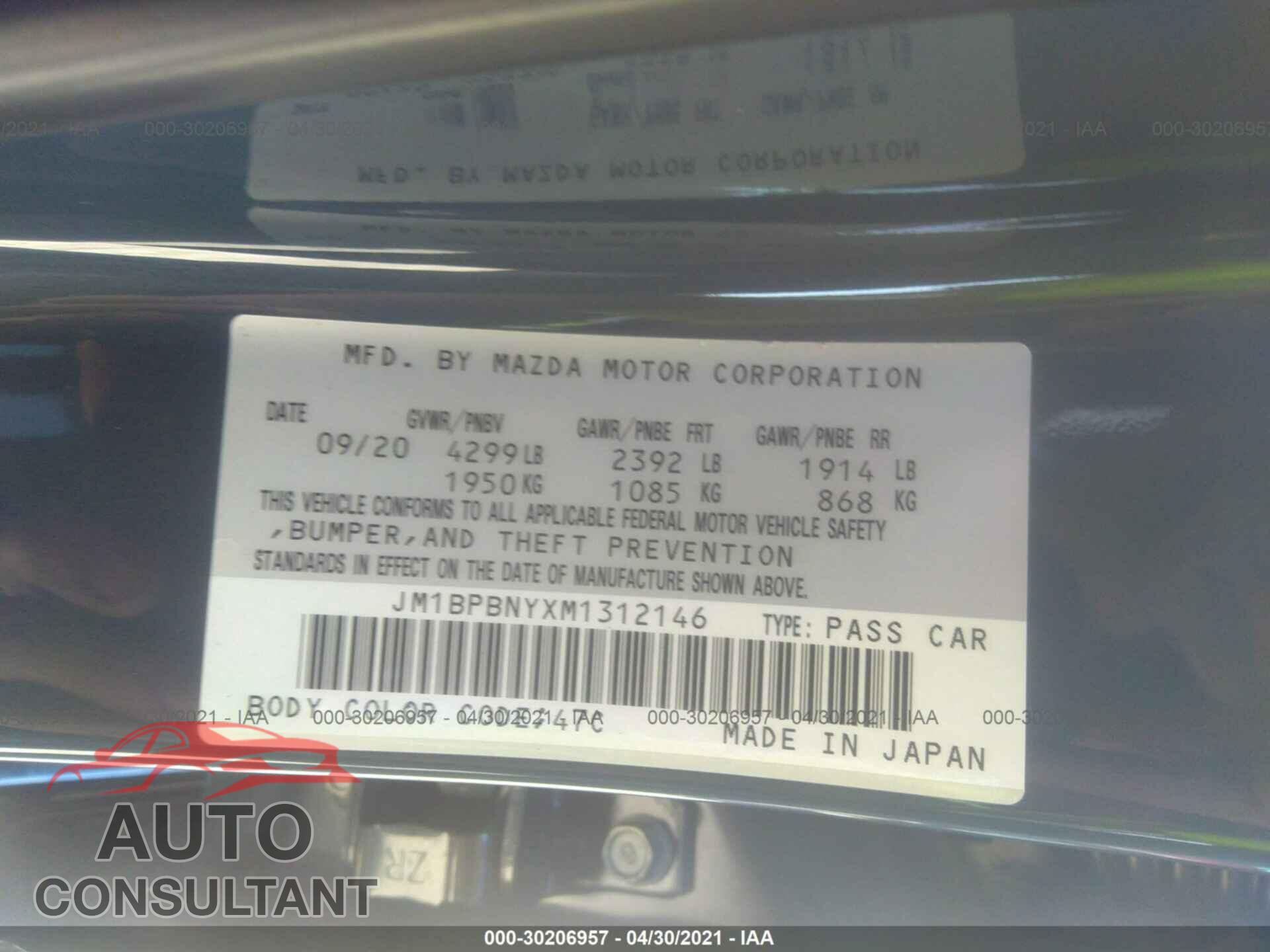 MAZDA MAZDA3 HATCHBACK 2021 - JM1BPBNYXM1312146