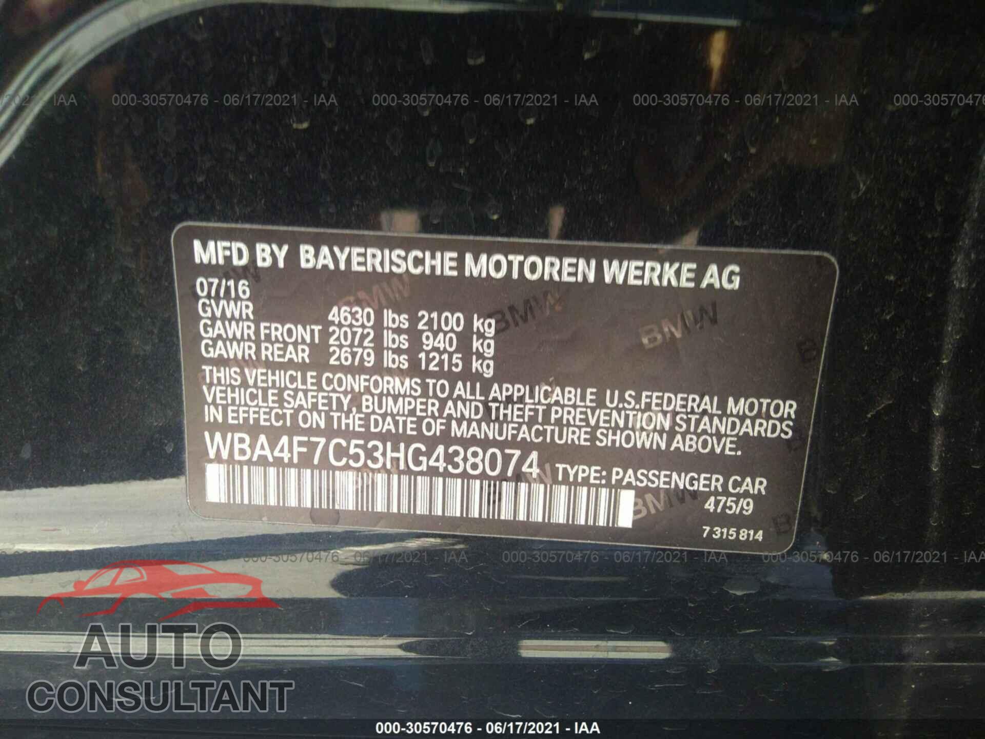 BMW 4 SERIES 2017 - WBA4F7C53HG438074