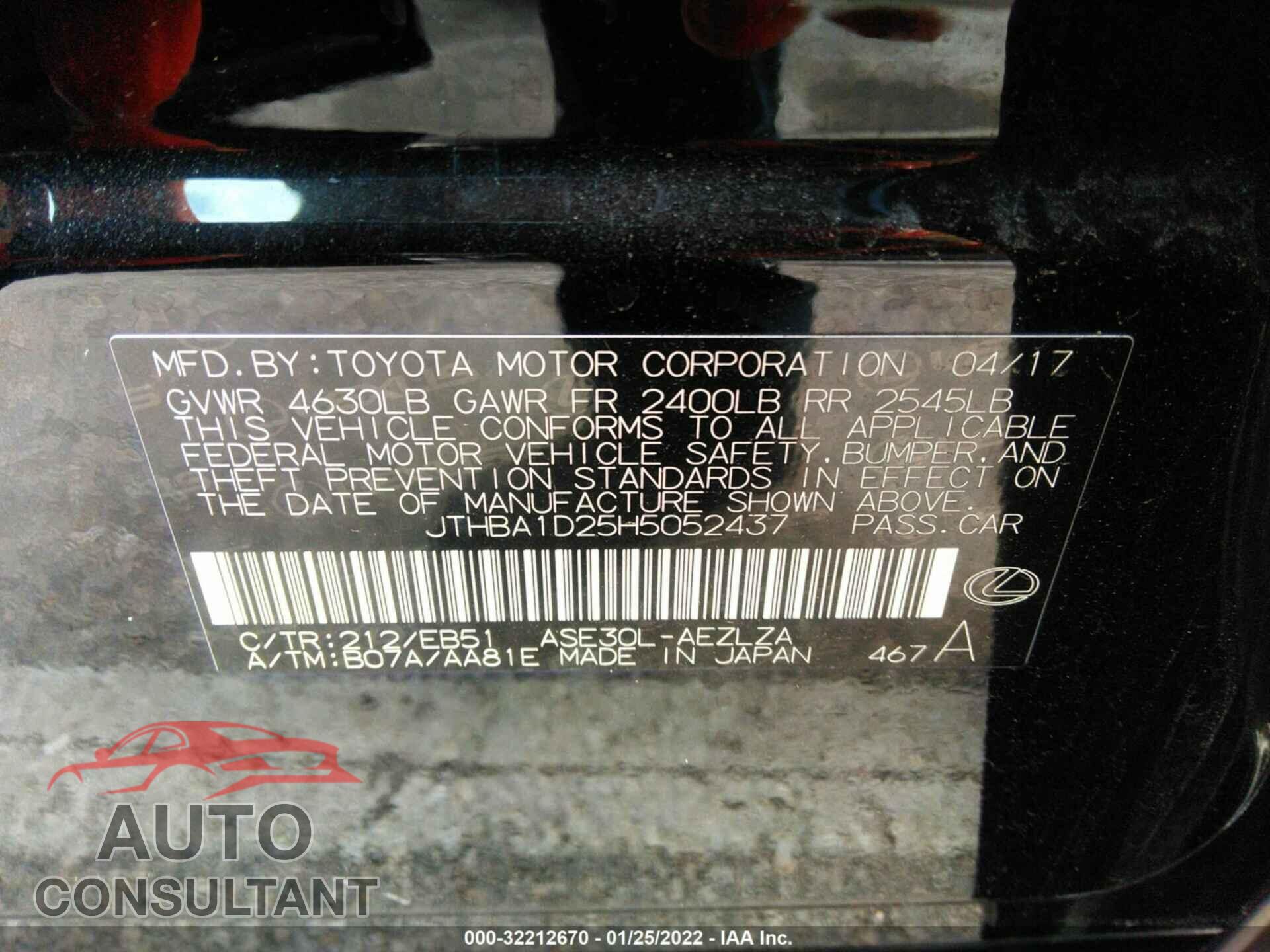 LEXUS IS 2017 - JTHBA1D25H5052437