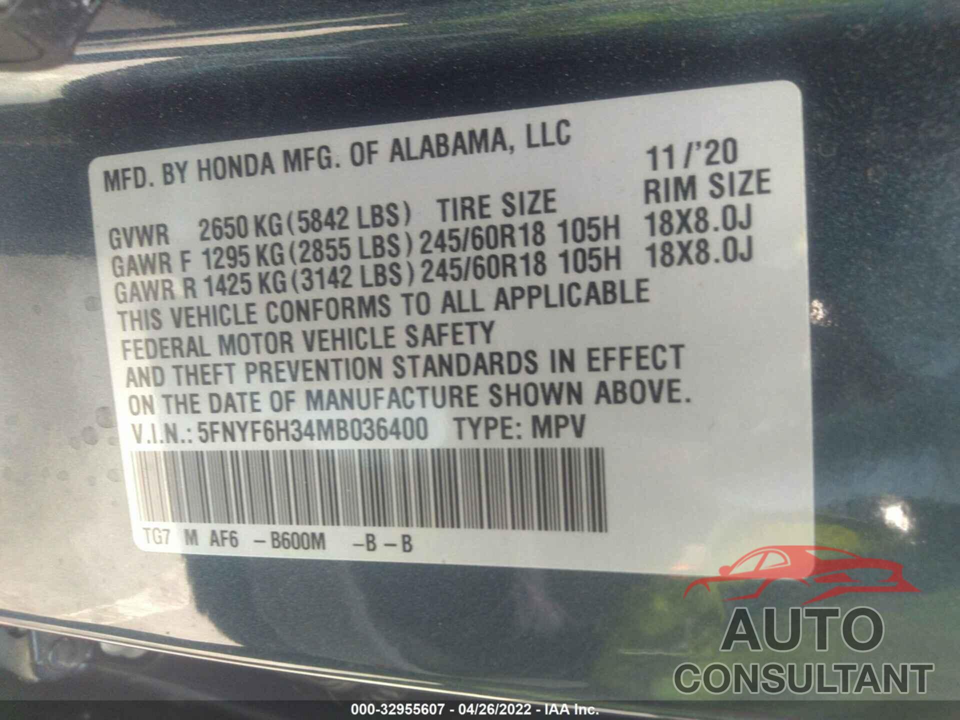 HONDA PILOT 2021 - 5FNYF6H34MB036400