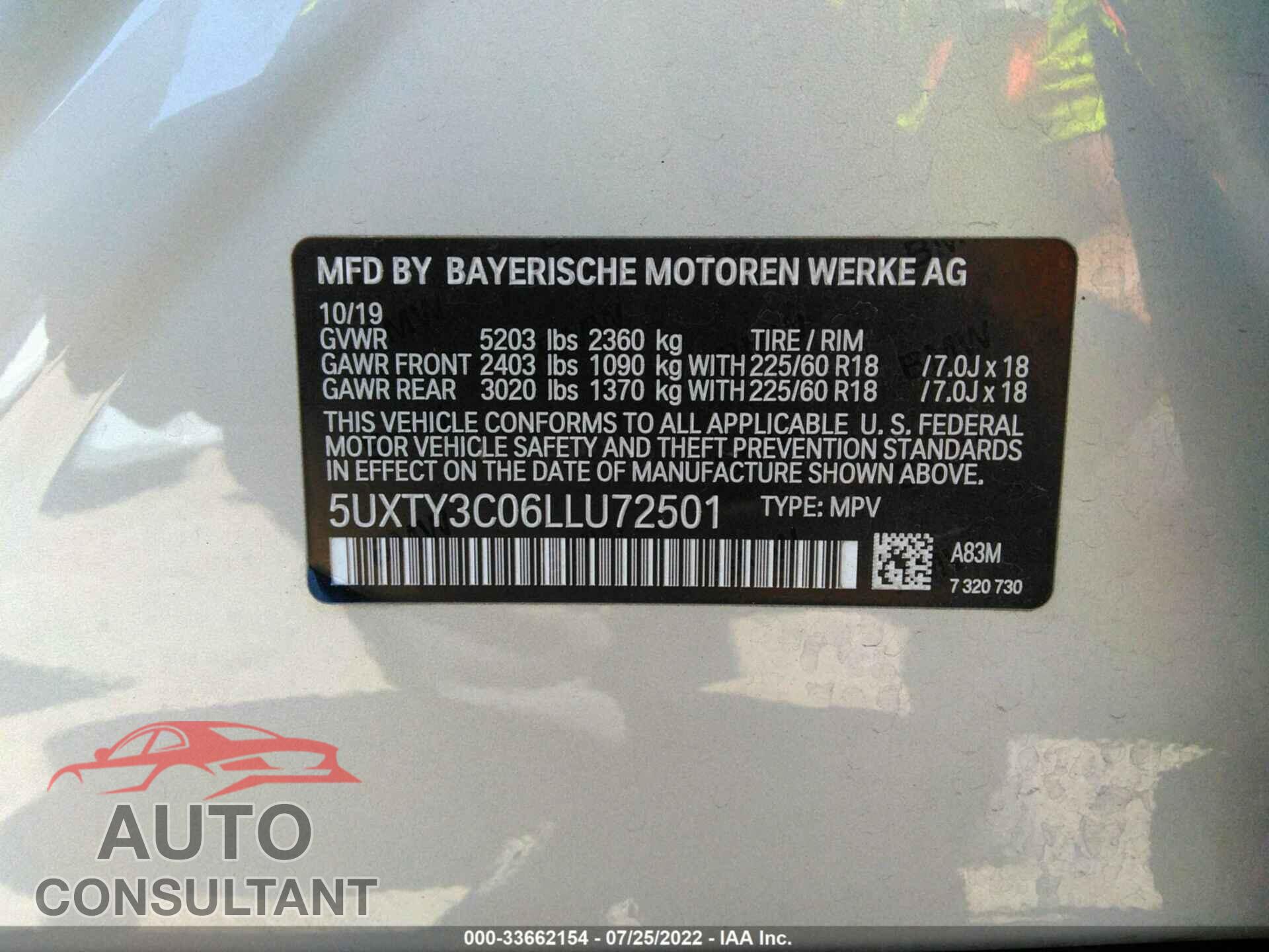 BMW X3 2020 - 5UXTY3C06LLU72501