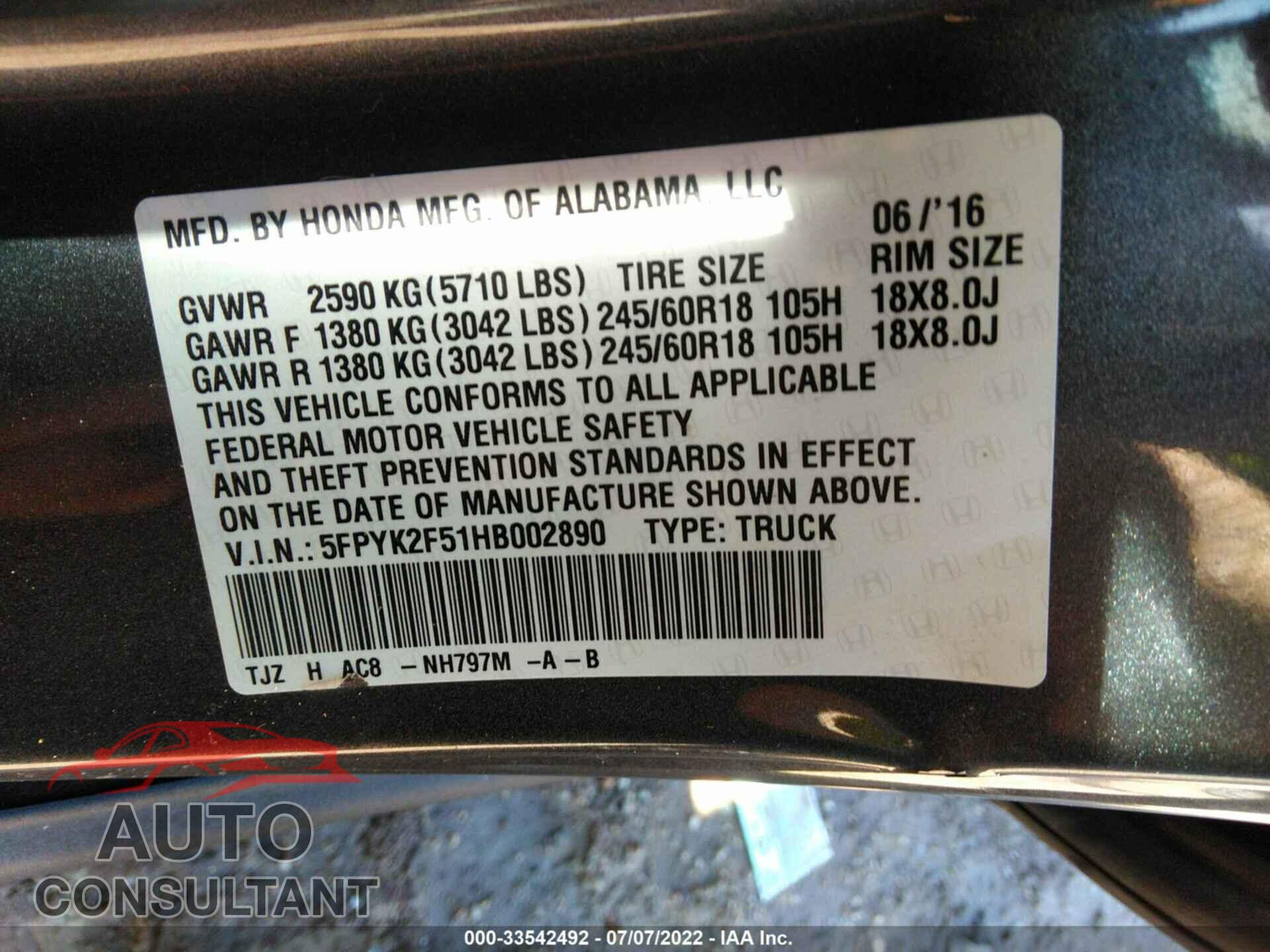 HONDA RIDGELINE 2017 - 5FPYK2F51HB002890