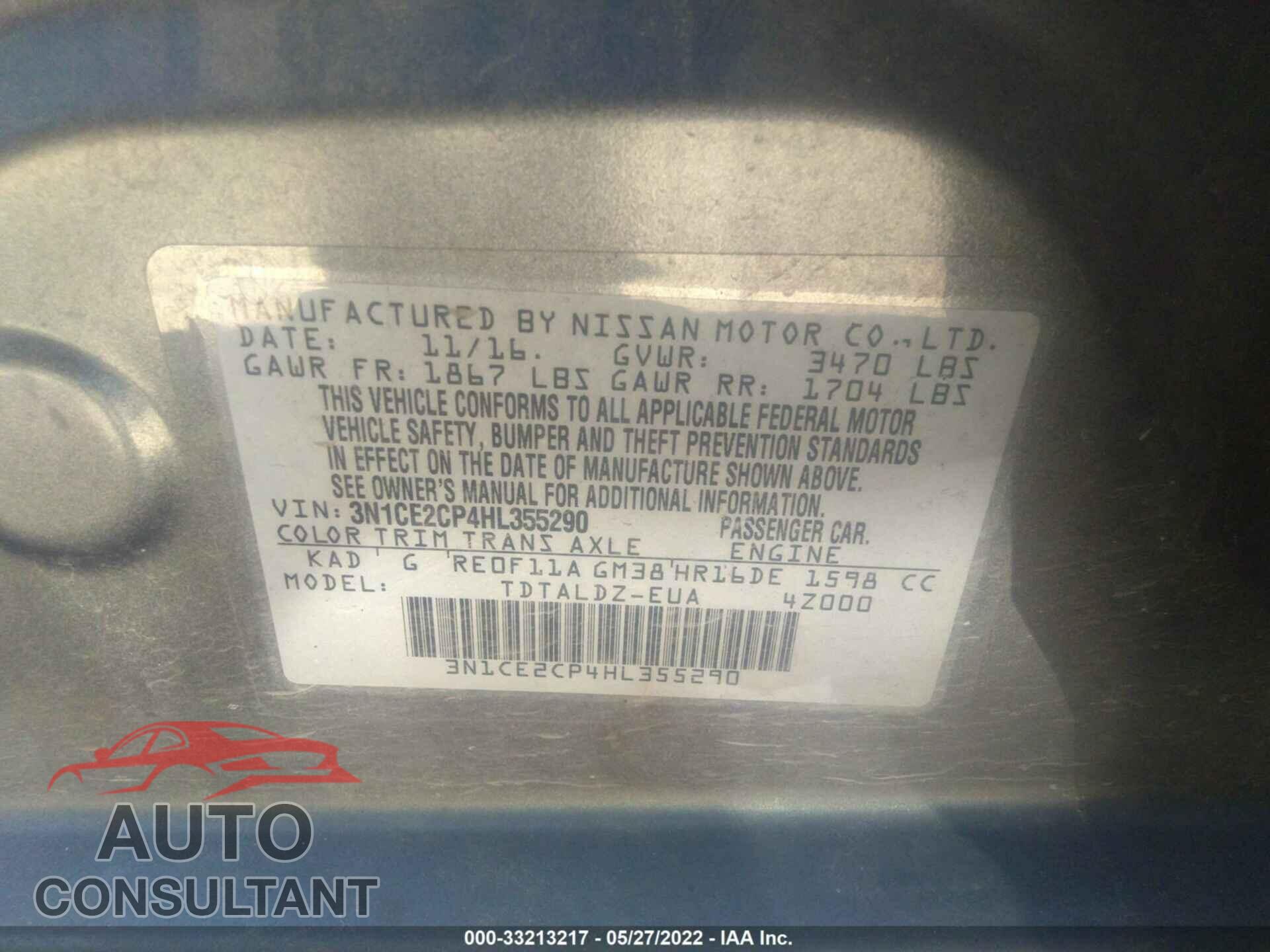 NISSAN VERSA NOTE 2017 - 3N1CE2CP4HL355290