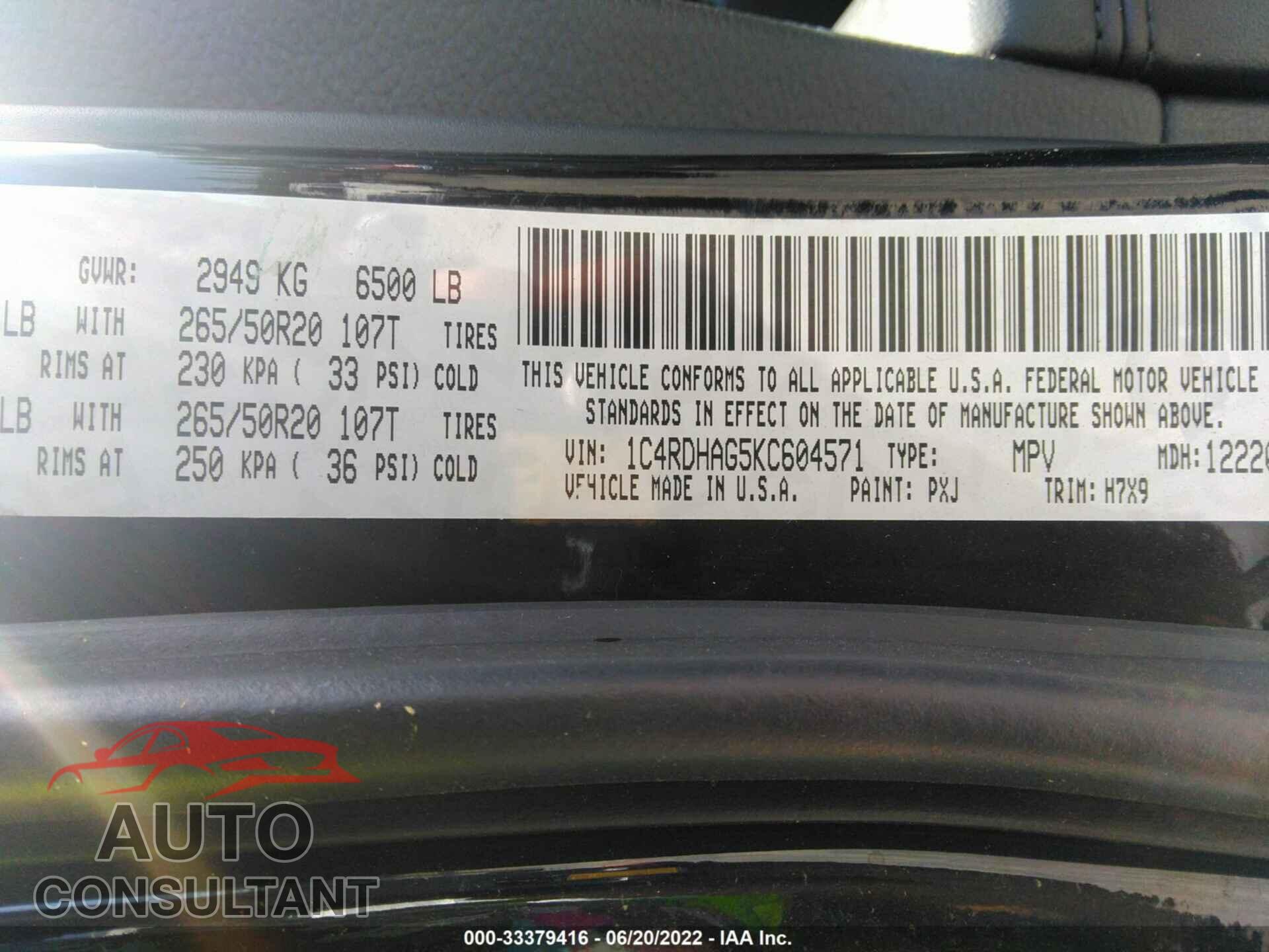 DODGE DURANGO 2019 - 1C4RDHAG5KC604571