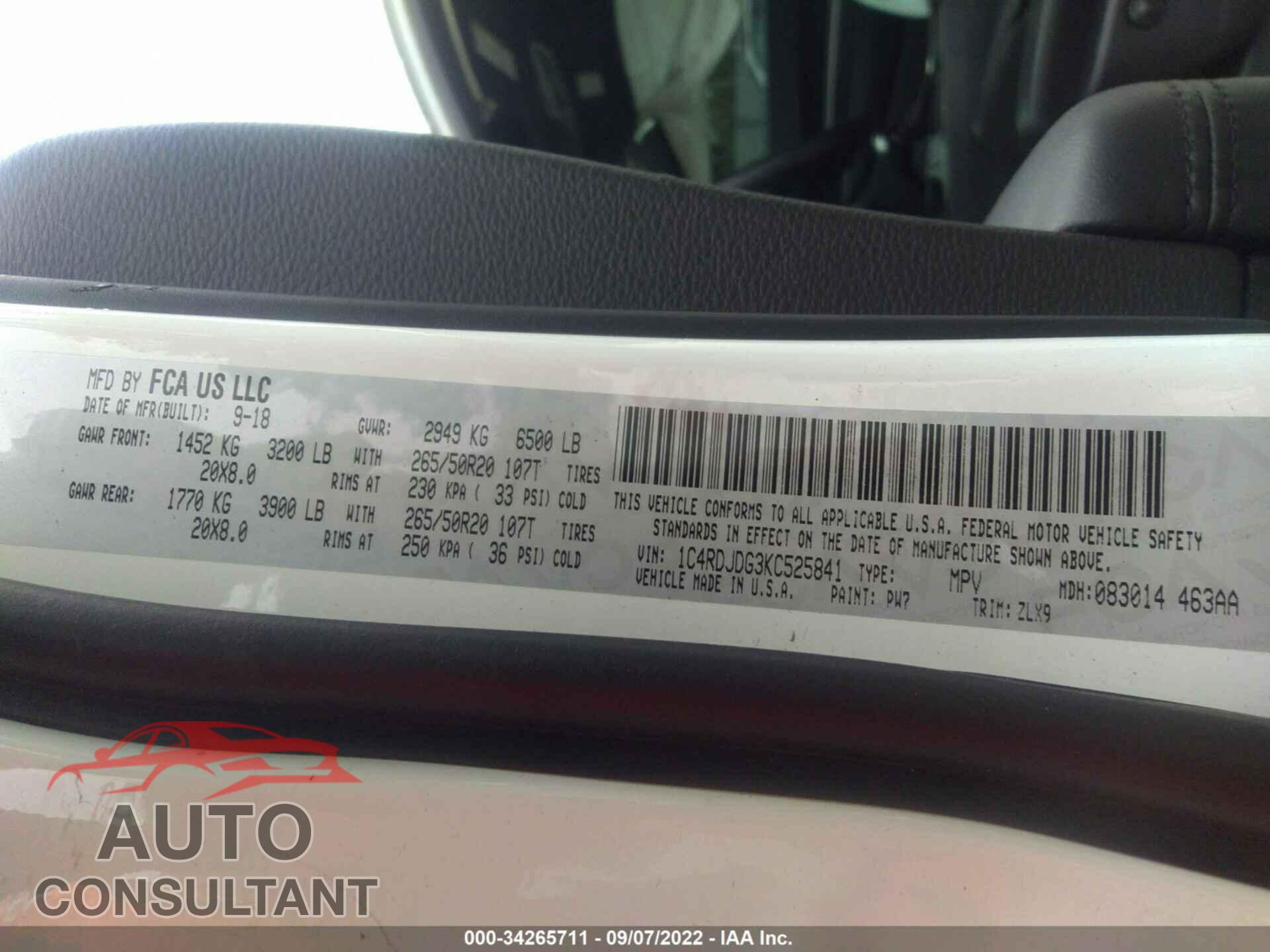 DODGE DURANGO 2019 - 1C4RDJDG3KC525841