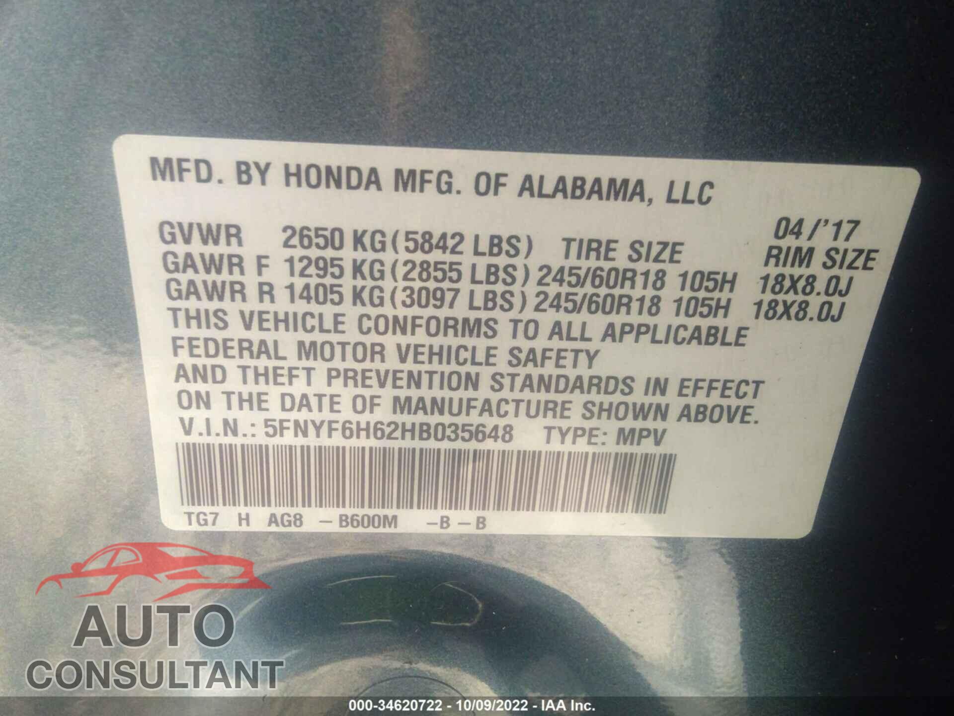 HONDA PILOT 2017 - 5FNYF6H62HB035648