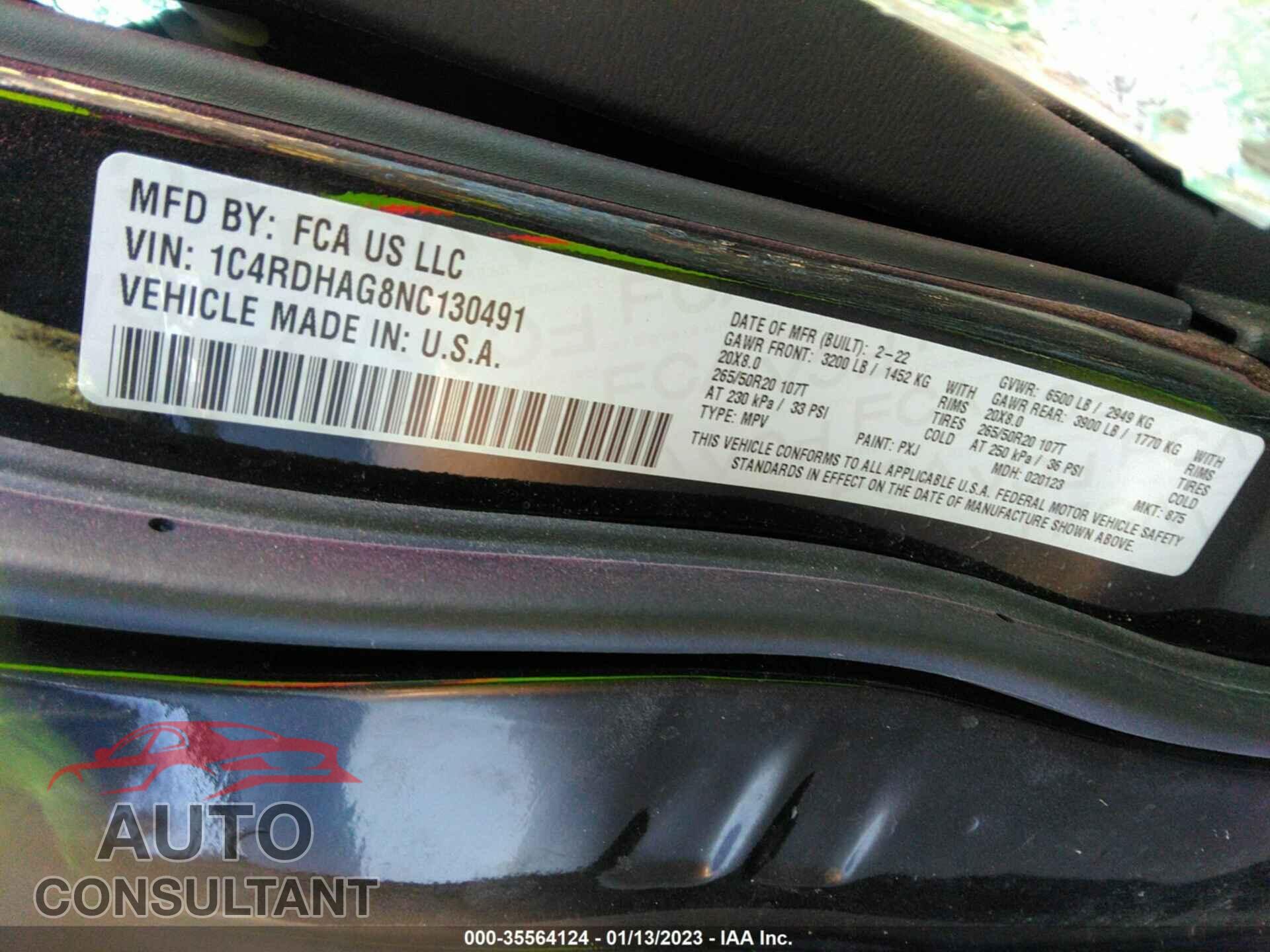 DODGE DURANGO 2022 - 1C4RDHAG8NC130491