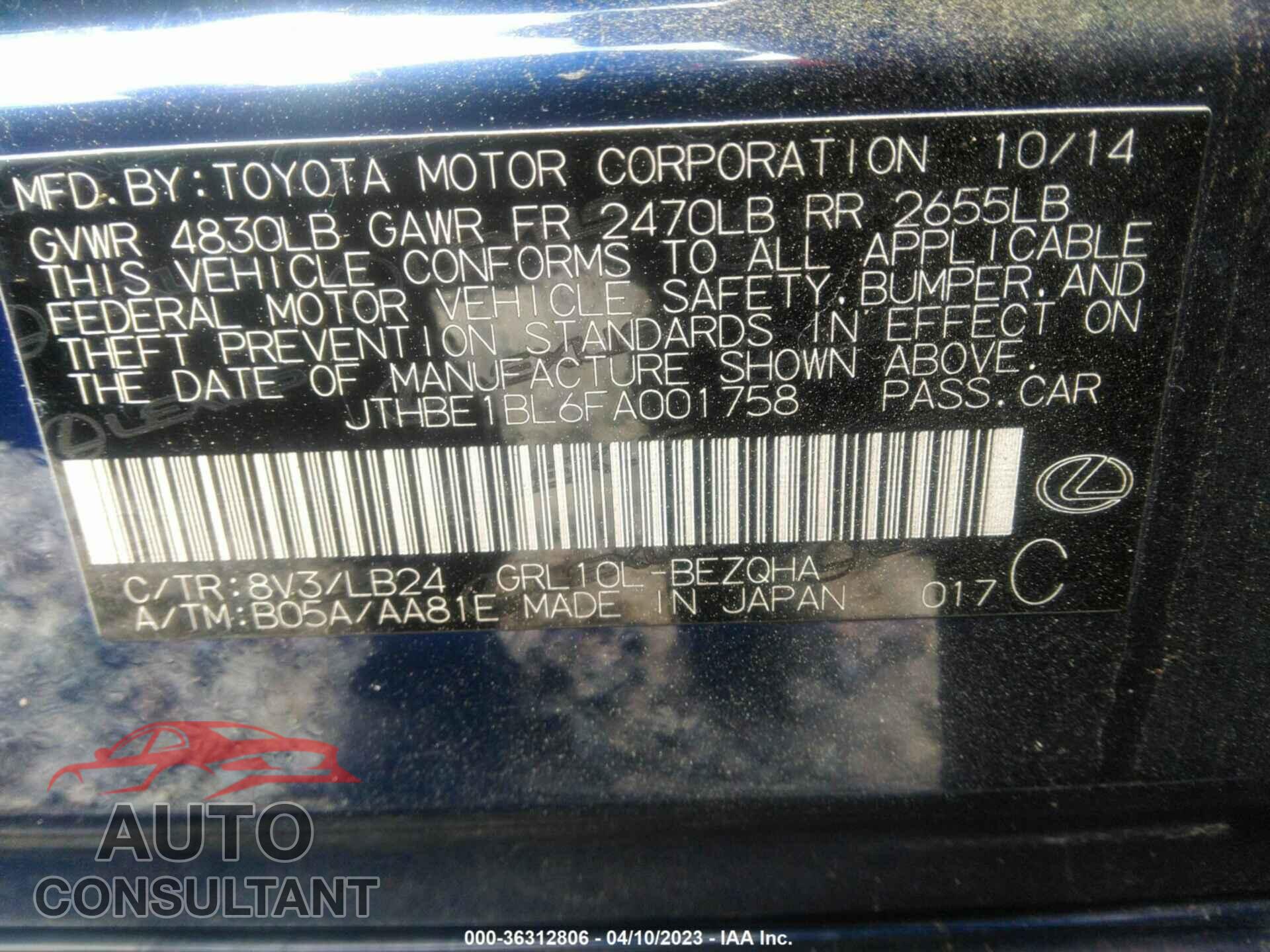 LEXUS GS 350 2015 - JTHBE1BL6FA001758