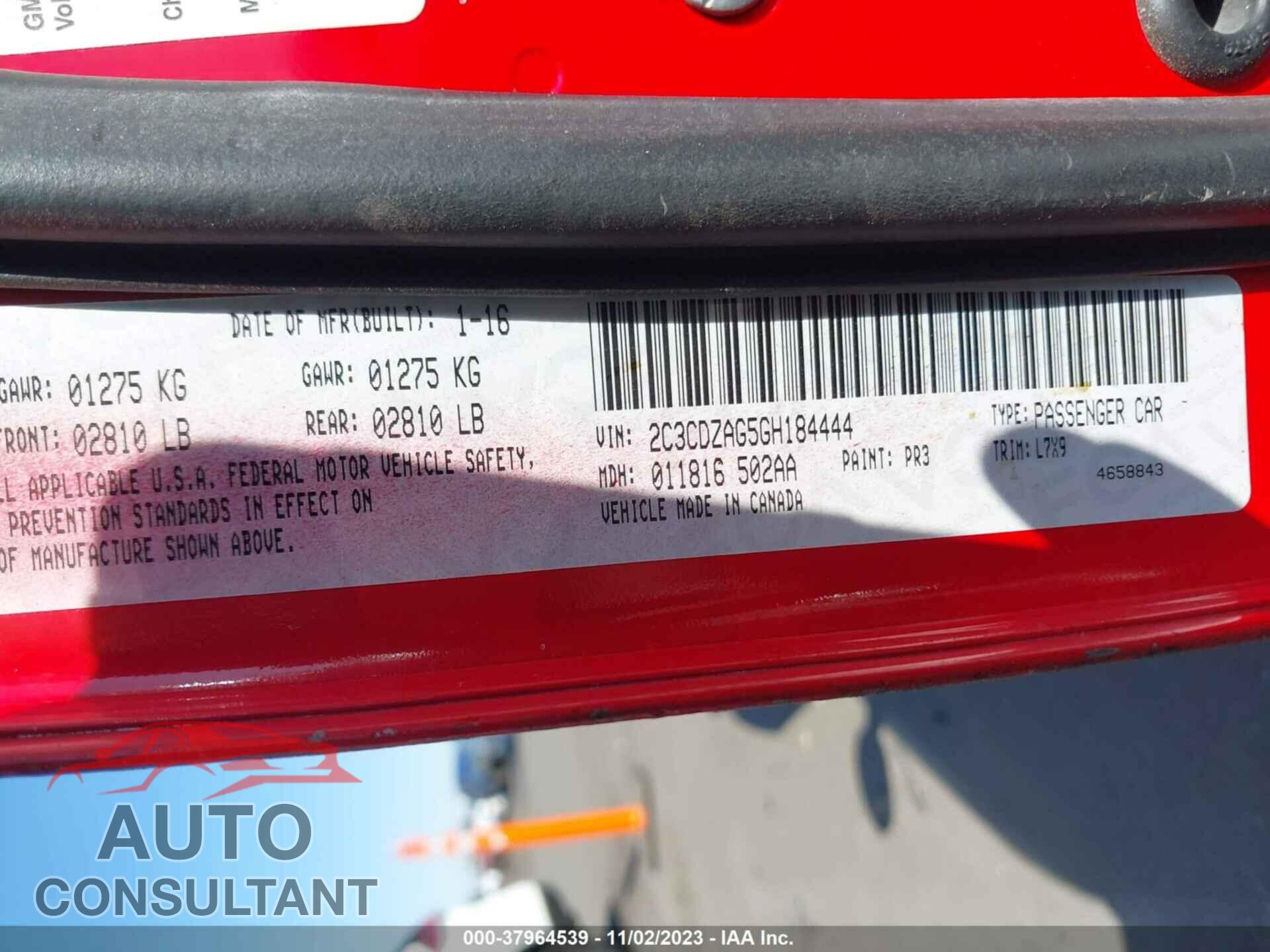 DODGE CHALLENGER 2016 - 2C3CDZAG5GH184444