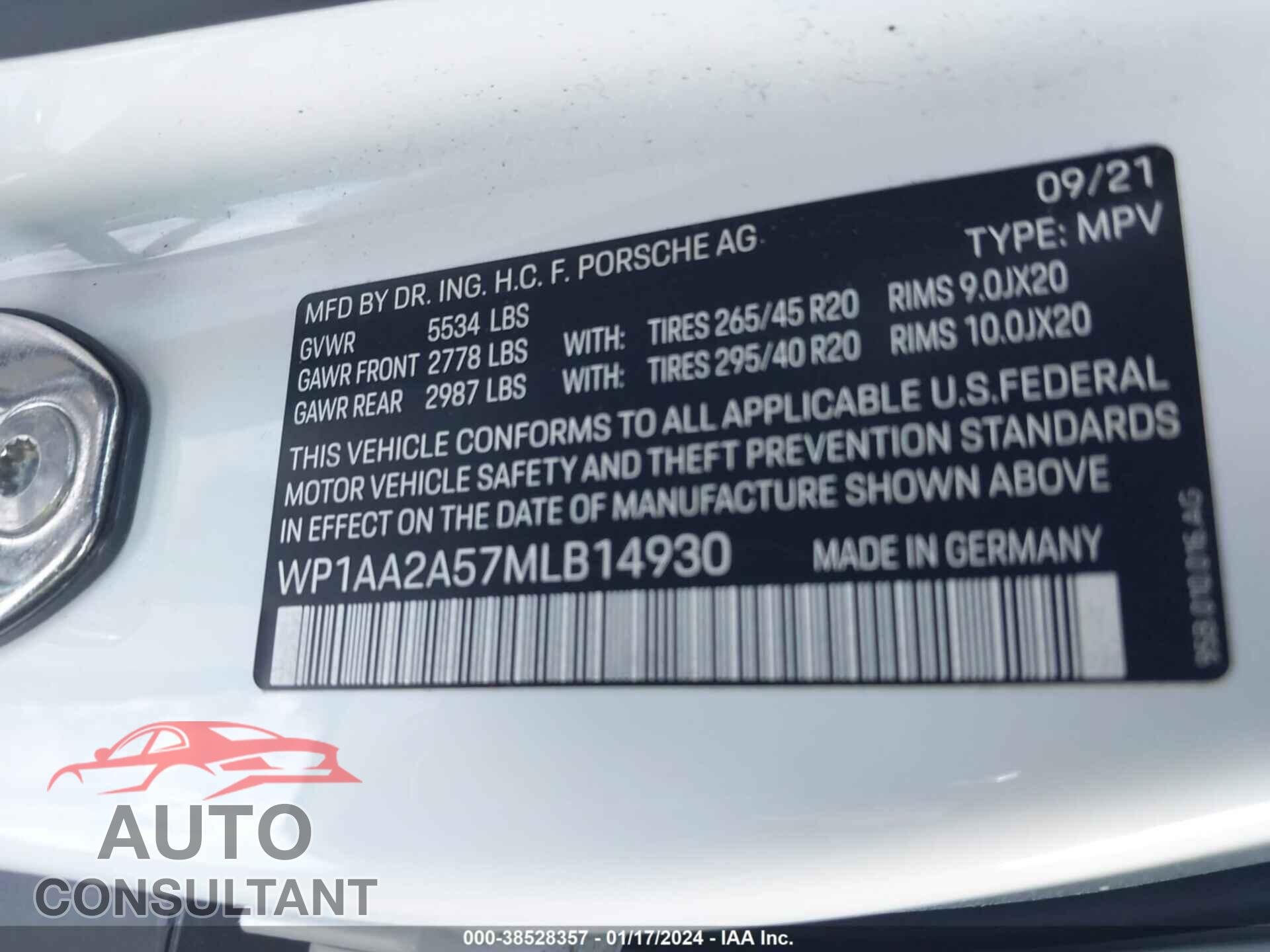 PORSCHE MACAN 2021 - WP1AA2A57MLB14930