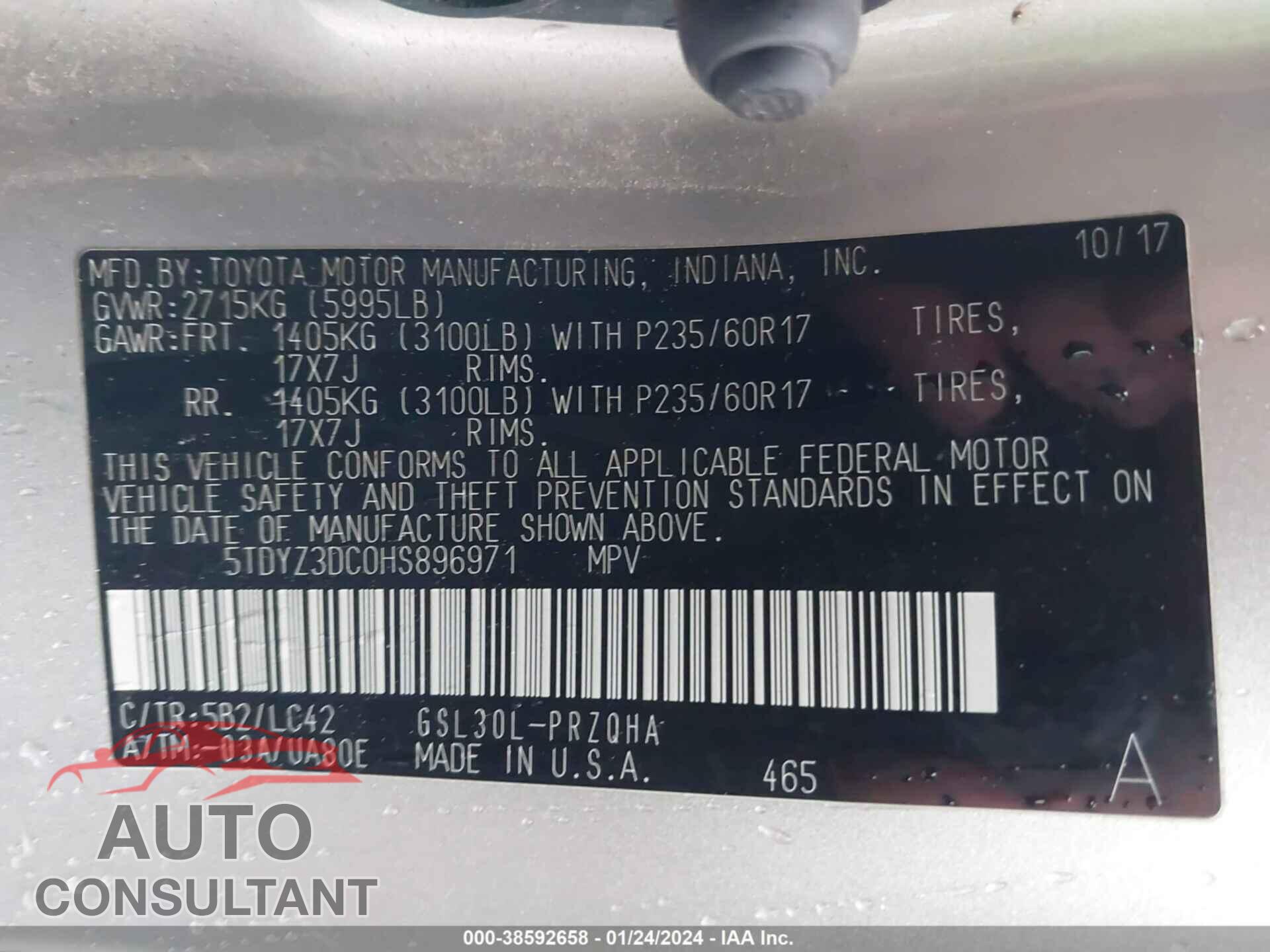 TOYOTA SIENNA 2017 - 5TDYZ3DC0HS896971